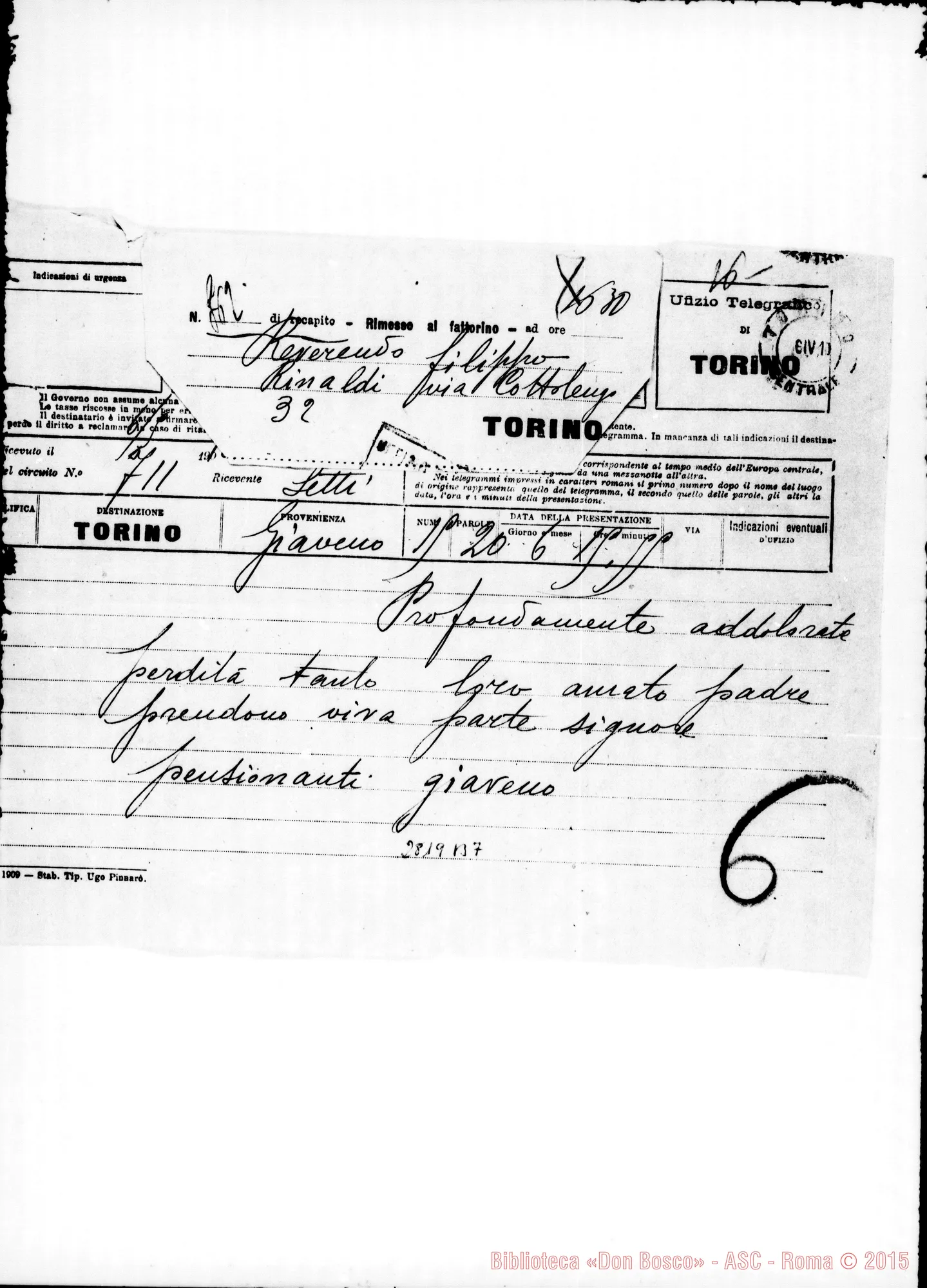 Fotogramma B 7 — Pensionati di Giaveno. Telegramma