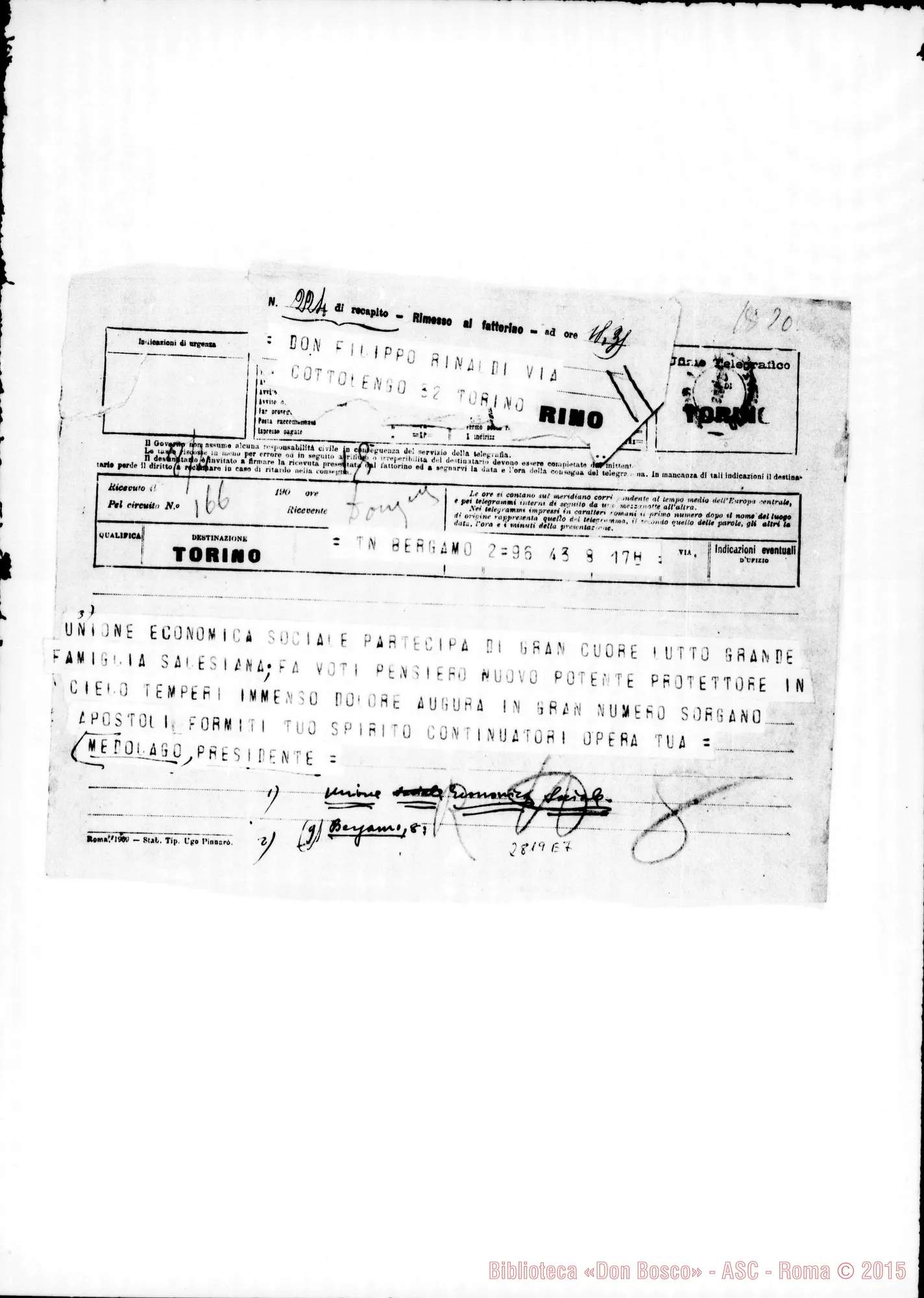 Fotogramma E 7 — Unione Economica Sociale. Bergamo. Medolago. Telegramma