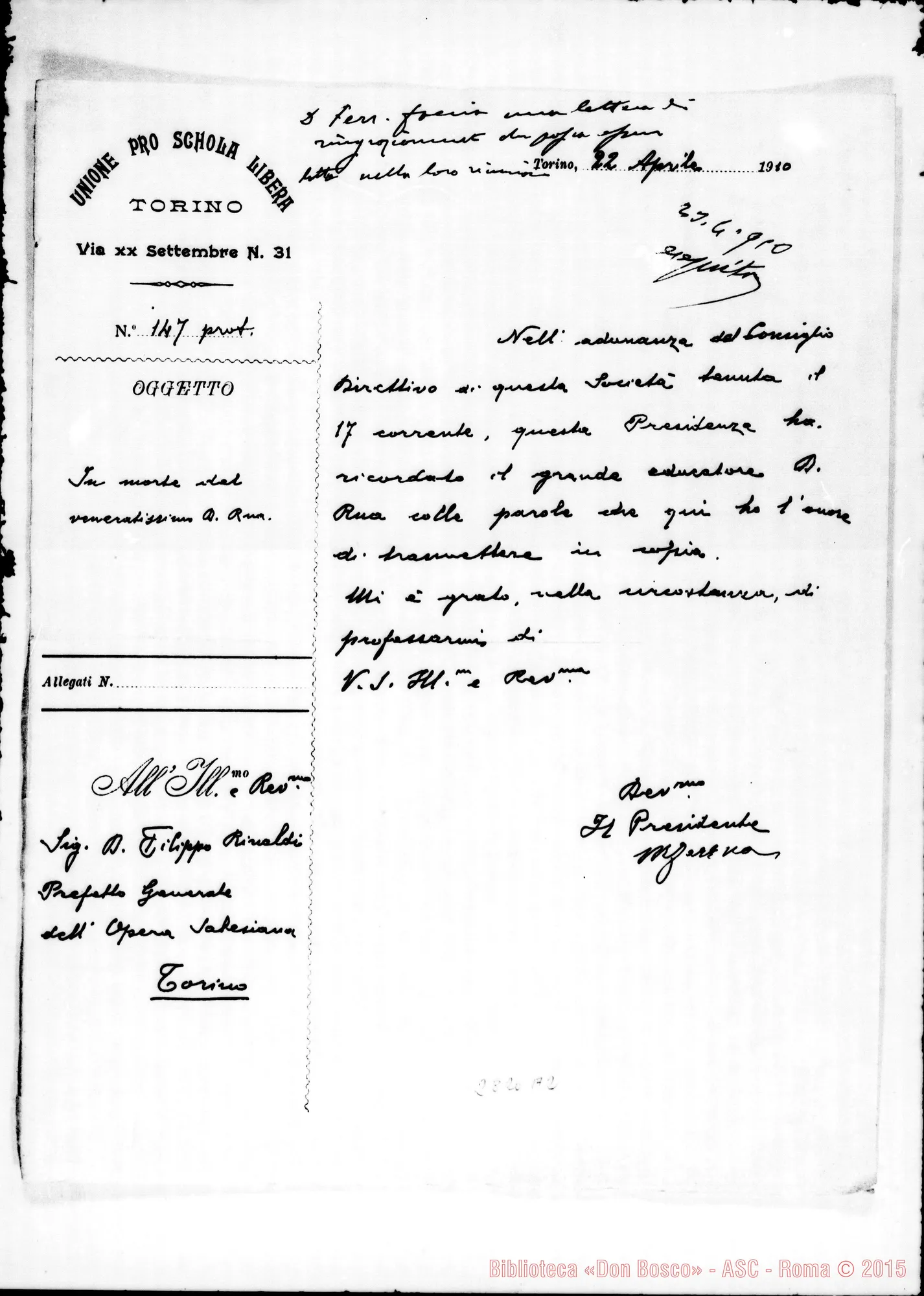 Fotogramma A 2 — Unione Pro Schola Libera. Torino, 22-04-1910. Autogr. di D. Rinaldi