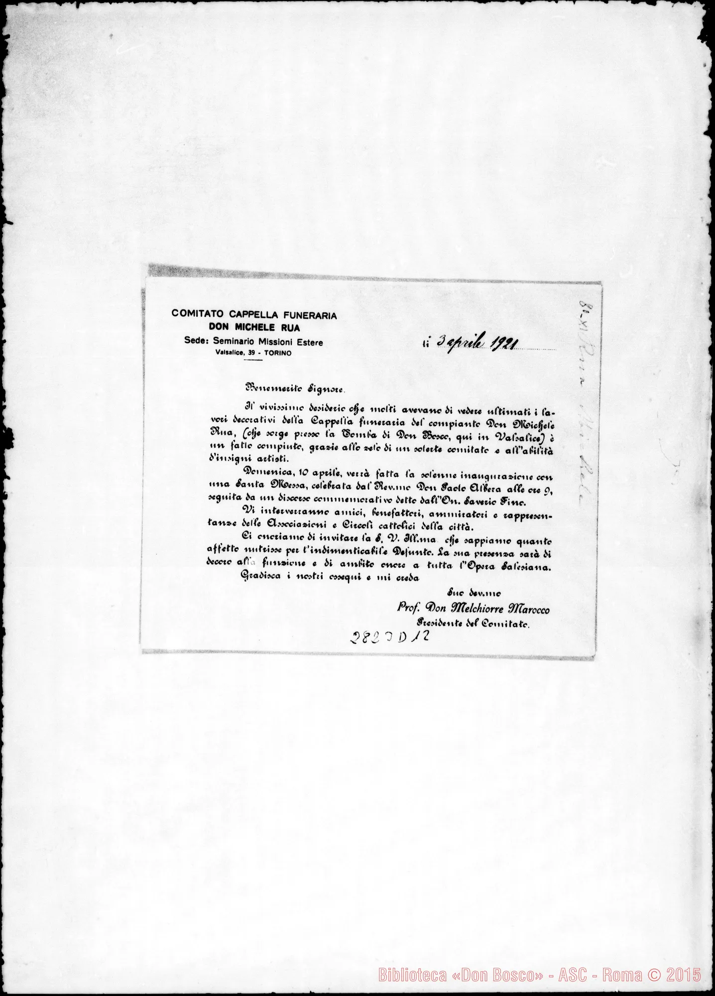 Fotogramma D 12 — Lavori decorativi della cappella funeraria di D. Rua. 1921 Traslazione della Salma
