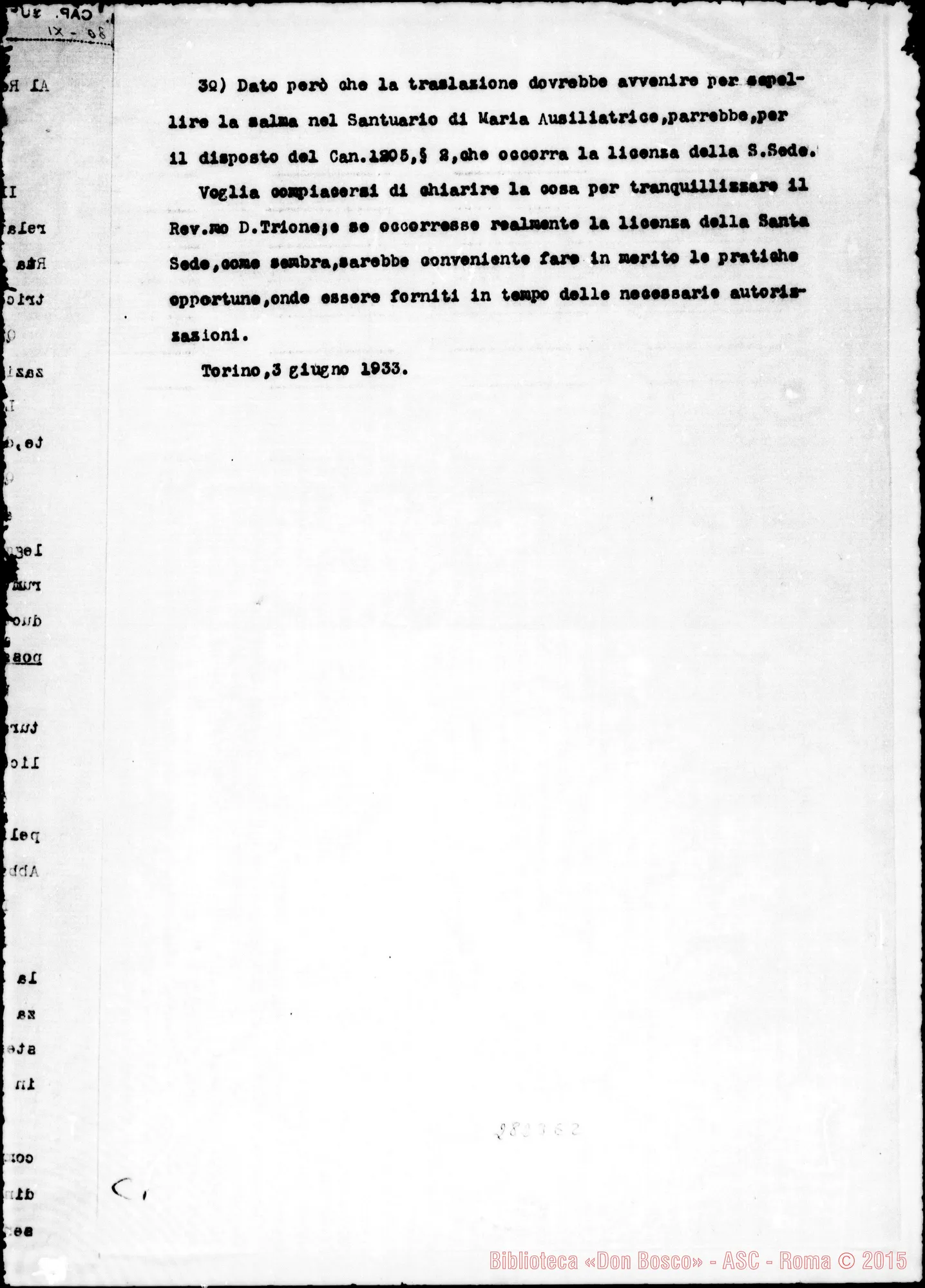 Fotogramma E 2 — Promemoria al Rev.mo D. Tomasetti. Torino, 3-06-1933