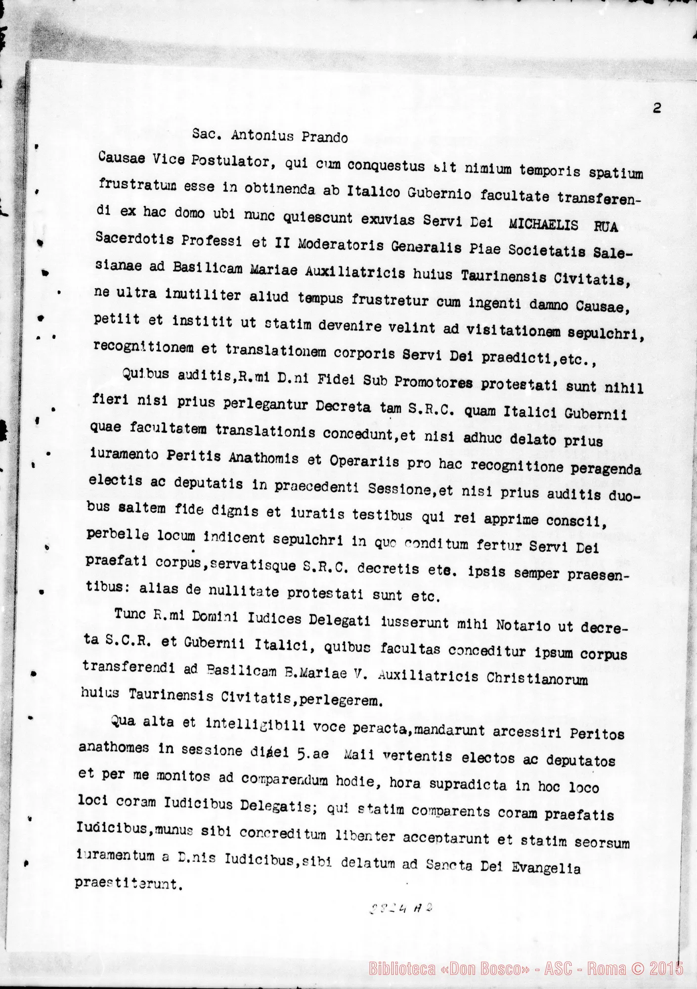 Fotogramma A 2 — Traslazione della Salma dal sepolcro di Valsalice alla cripta della basilica di Maria Ausiliatrice. Copia dattiloscritta (Dal Processo Apostolico di Beatificazione)
