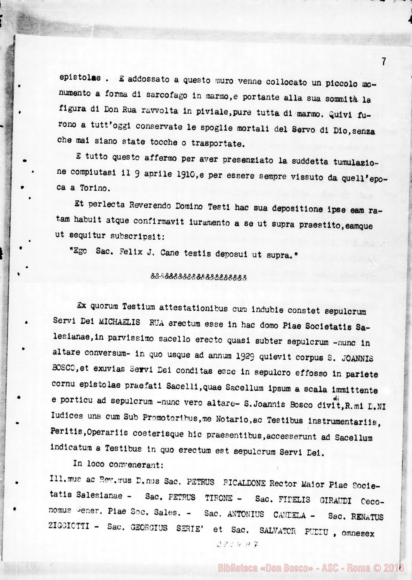 Fotogramma A 7 — Traslazione della Salma dal sepolcro di Valsalice alla cripta della basilica di Maria Ausiliatrice. Copia dattiloscritta (Dal Processo Apostolico di Beatificazione)
