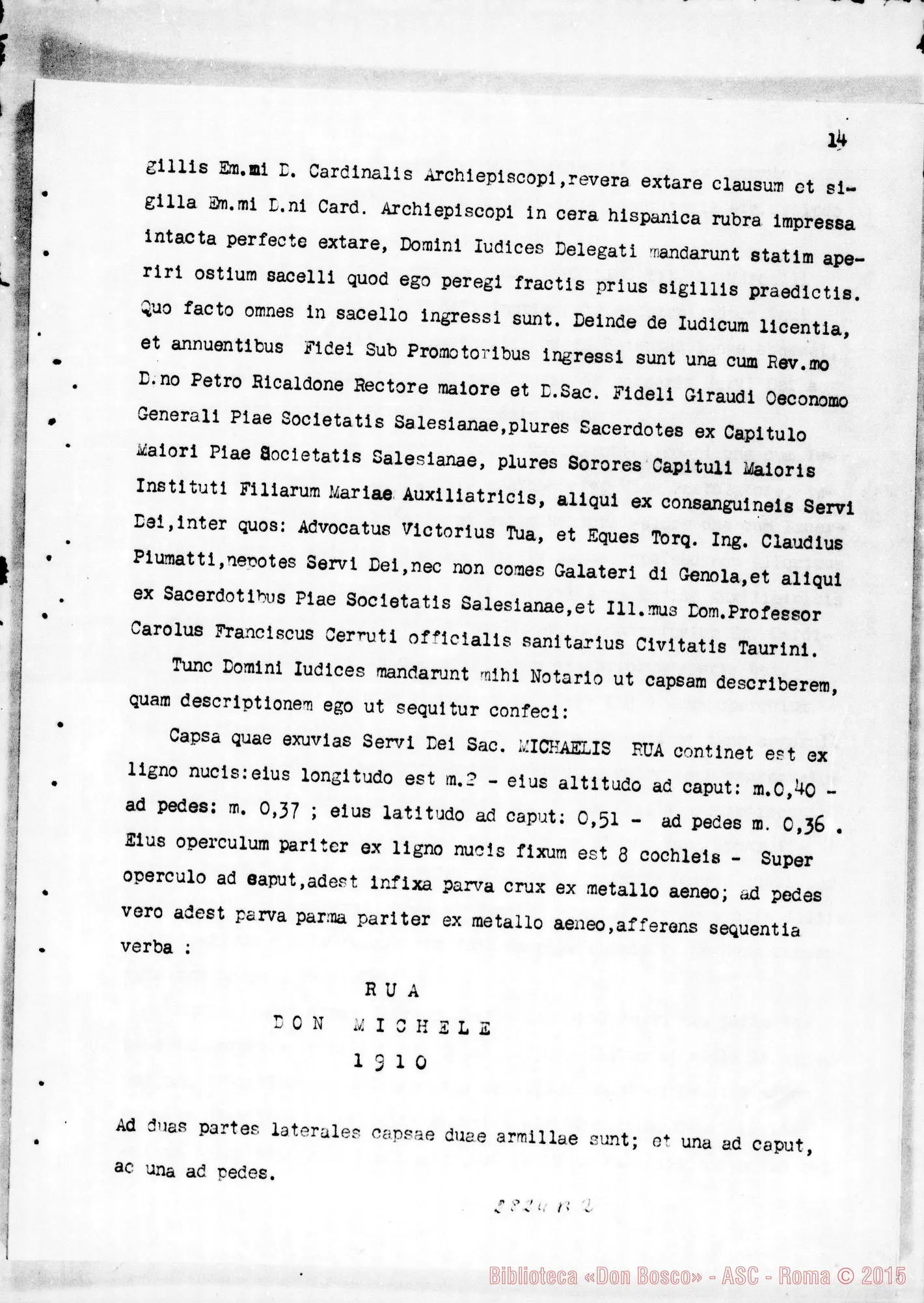 Fotogramma B 2 — Traslazione della Salma dal sepolcro di Valsalice alla cripta della basilica di Maria Ausiliatrice. Copia dattiloscritta (Dal Processo Apostolico di Beatificazione)