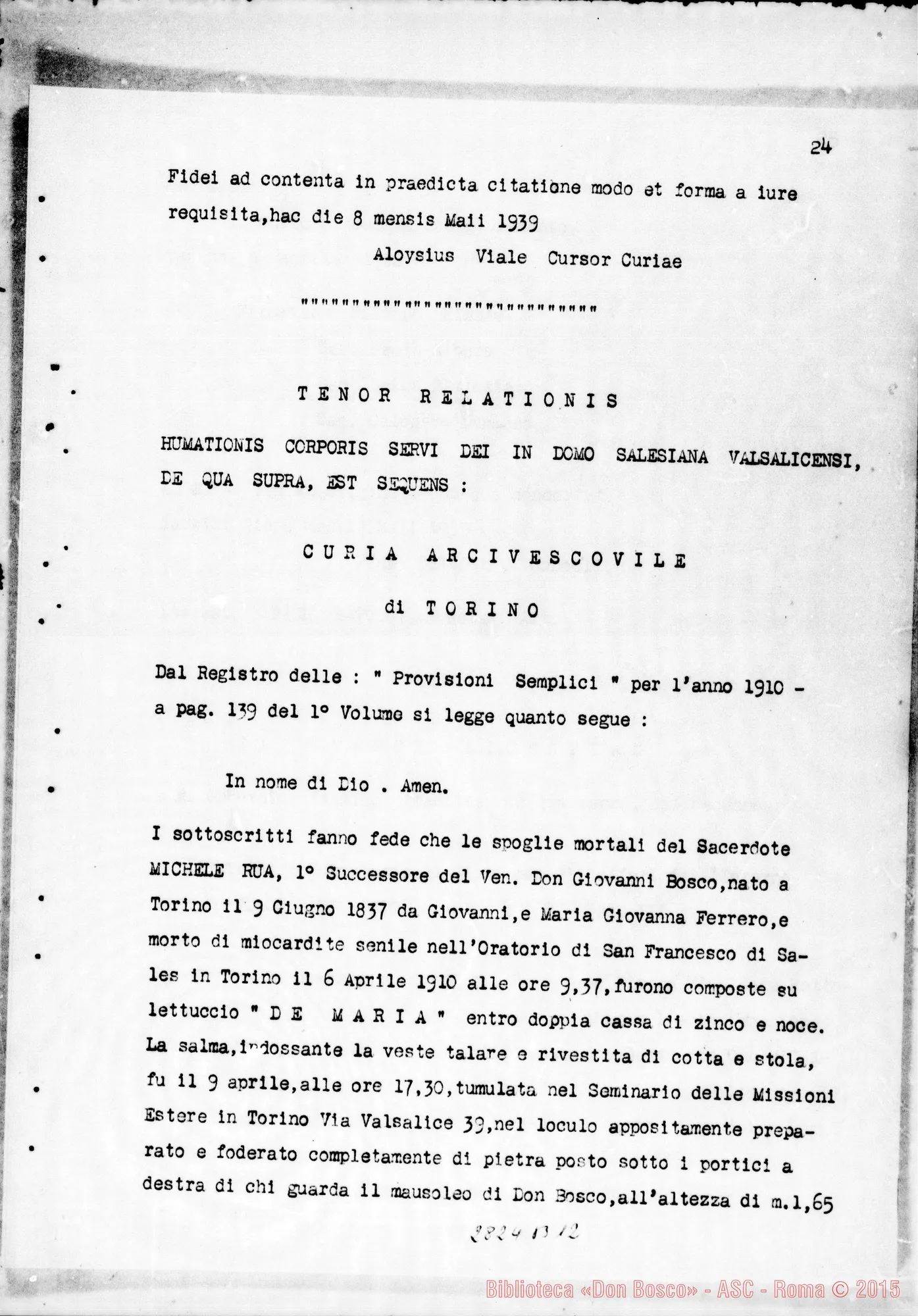 Fotogramma B 12 — Traslazione della Salma dal sepolcro di Valsalice alla cripta della basilica di Maria Ausiliatrice. Copia dattiloscritta (Dal Processo Apostolico di Beatificazione)