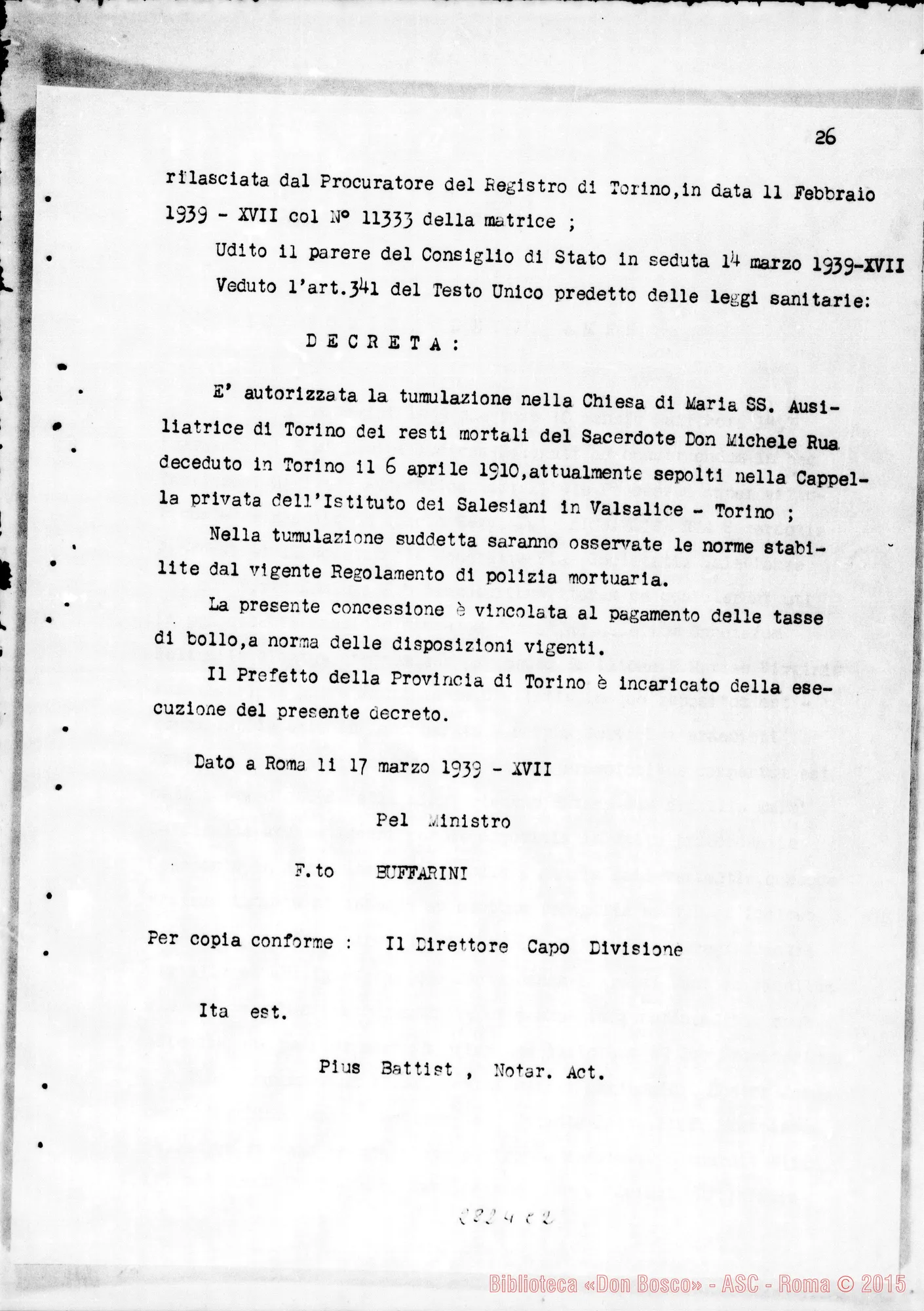Fotogramma C 2 — Traslazione della Salma dal sepolcro di Valsalice alla cripta della basilica di Maria Ausiliatrice. Copia dattiloscritta (Dal Processo Apostolico di Beatificazione)