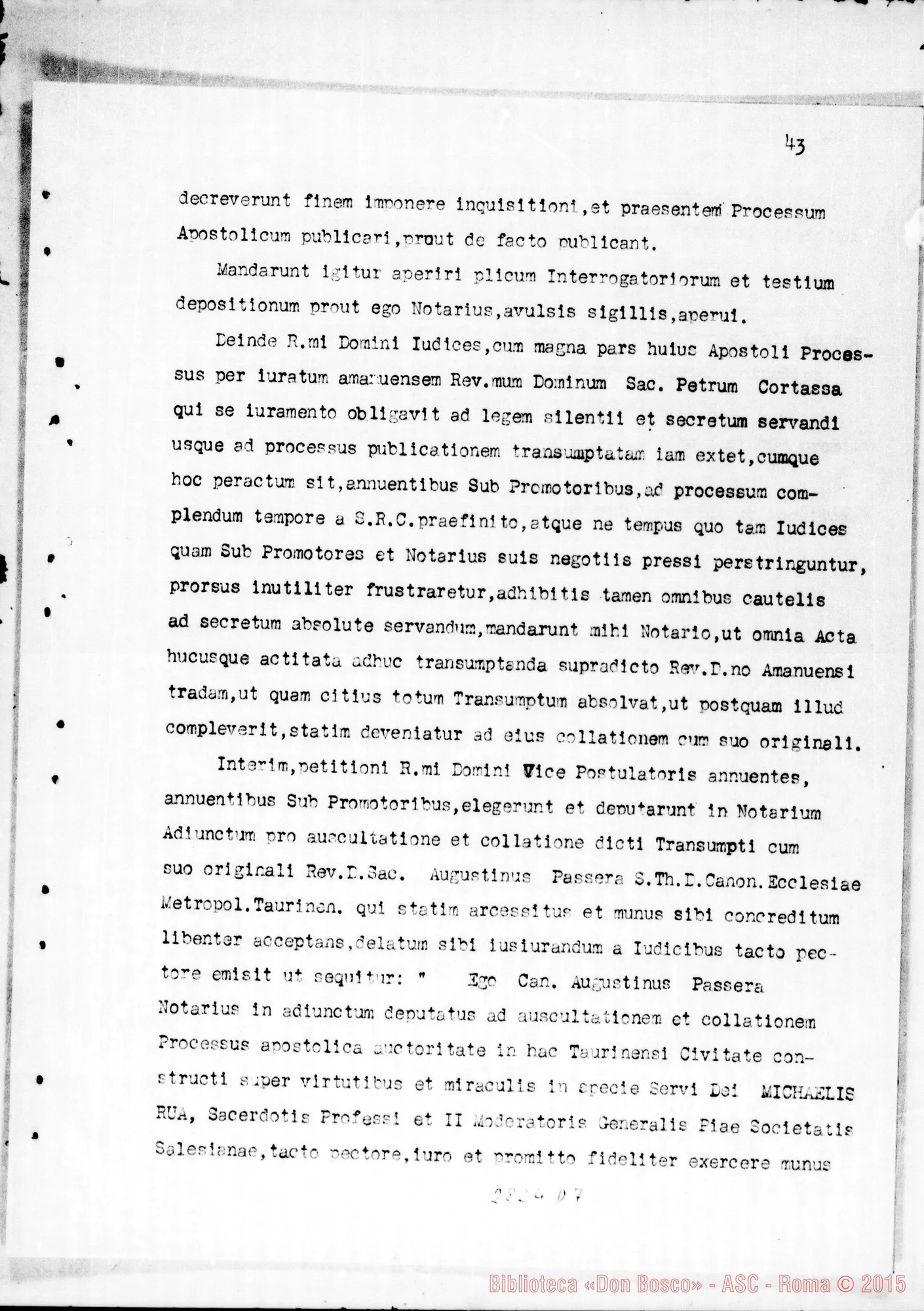 Fotogramma D 7 — Traslazione della Salma dal sepolcro di Valsalice alla cripta della basilica di Maria Ausiliatrice. Copia dattiloscritta (Dal Processo Apostolico di Beatificazione)