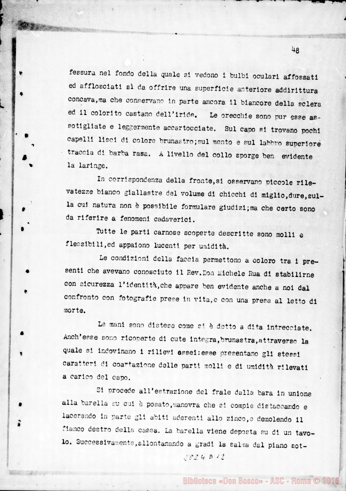 Fotogramma D 12 — Traslazione della Salma dal sepolcro di Valsalice alla cripta della basilica di Maria Ausiliatrice. Copia dattiloscritta (Dal Processo Apostolico di Beatificazione)