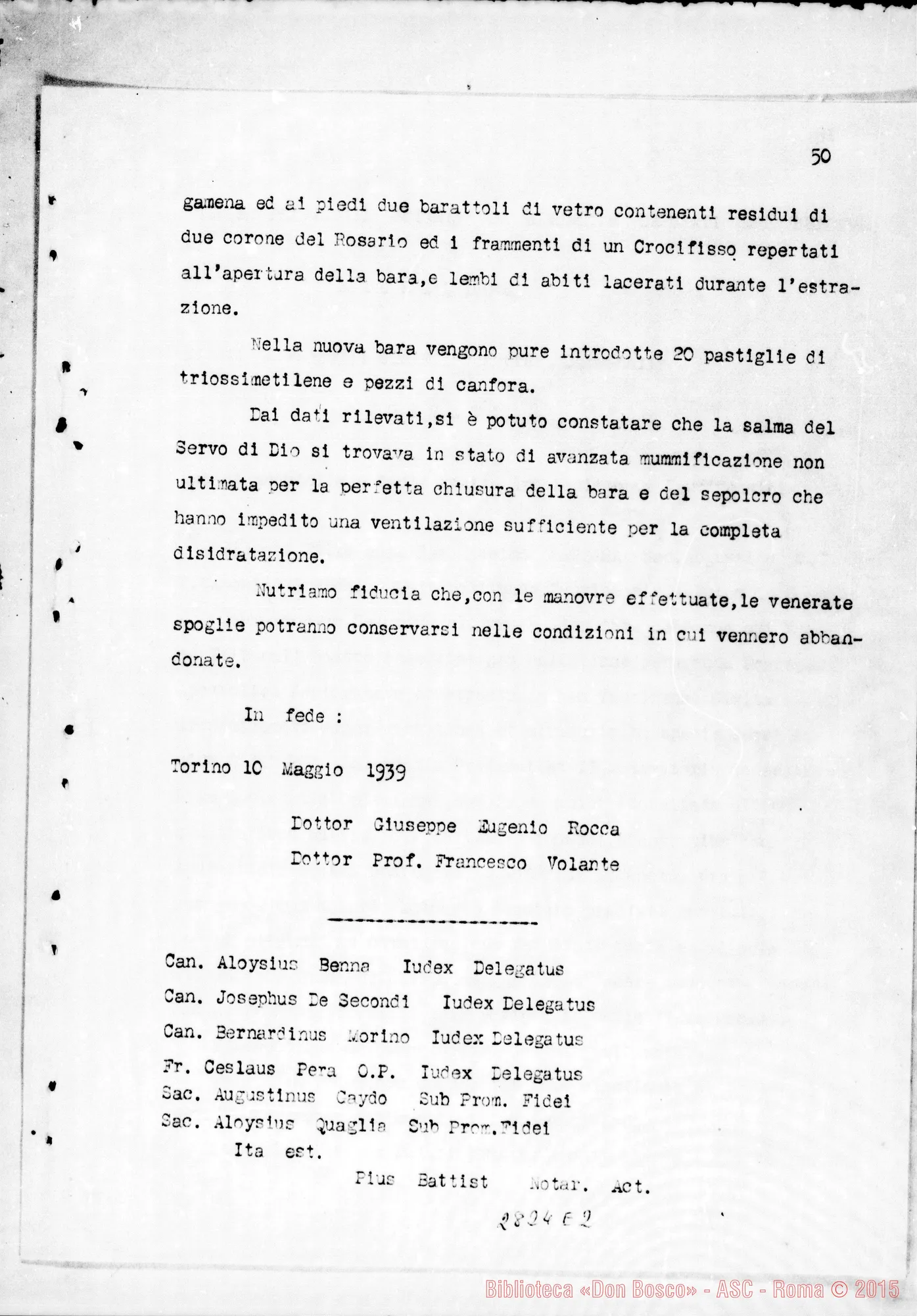 Fotogramma E 2 — Traslazione della Salma dal sepolcro di Valsalice alla cripta della basilica di Maria Ausiliatrice. Copia dattiloscritta (Dal Processo Apostolico di Beatificazione)