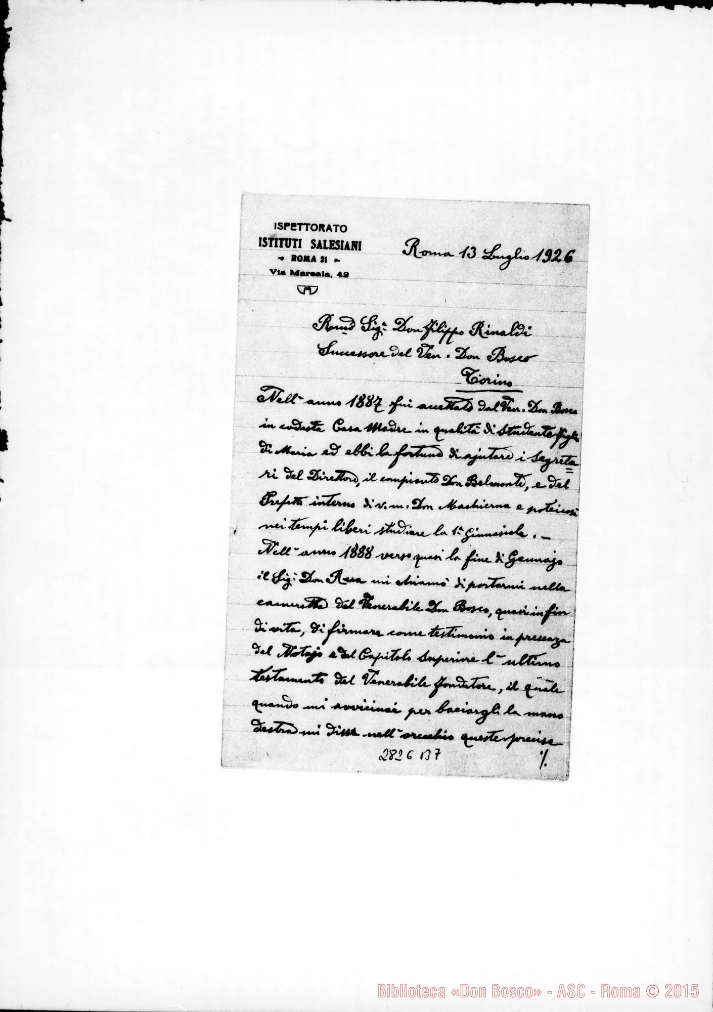Fotogramma B 7 — Lettera A D. Rinaldi. Roma, 13-07-1926