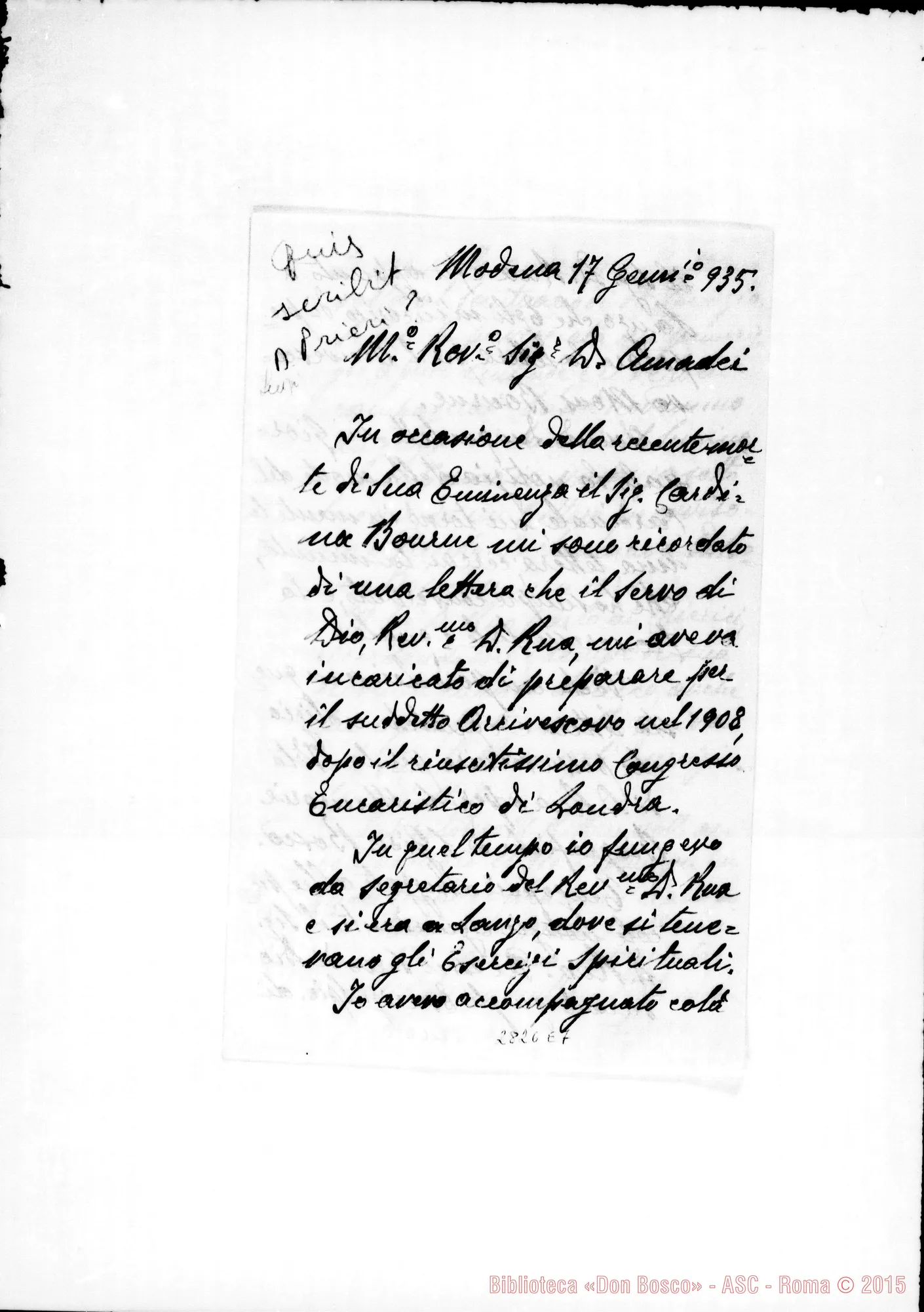 Fotogramma E 7 — Lettera anonima A D. Amadei. Modena, 17-01-1935. Forse D. Prieri Luigi