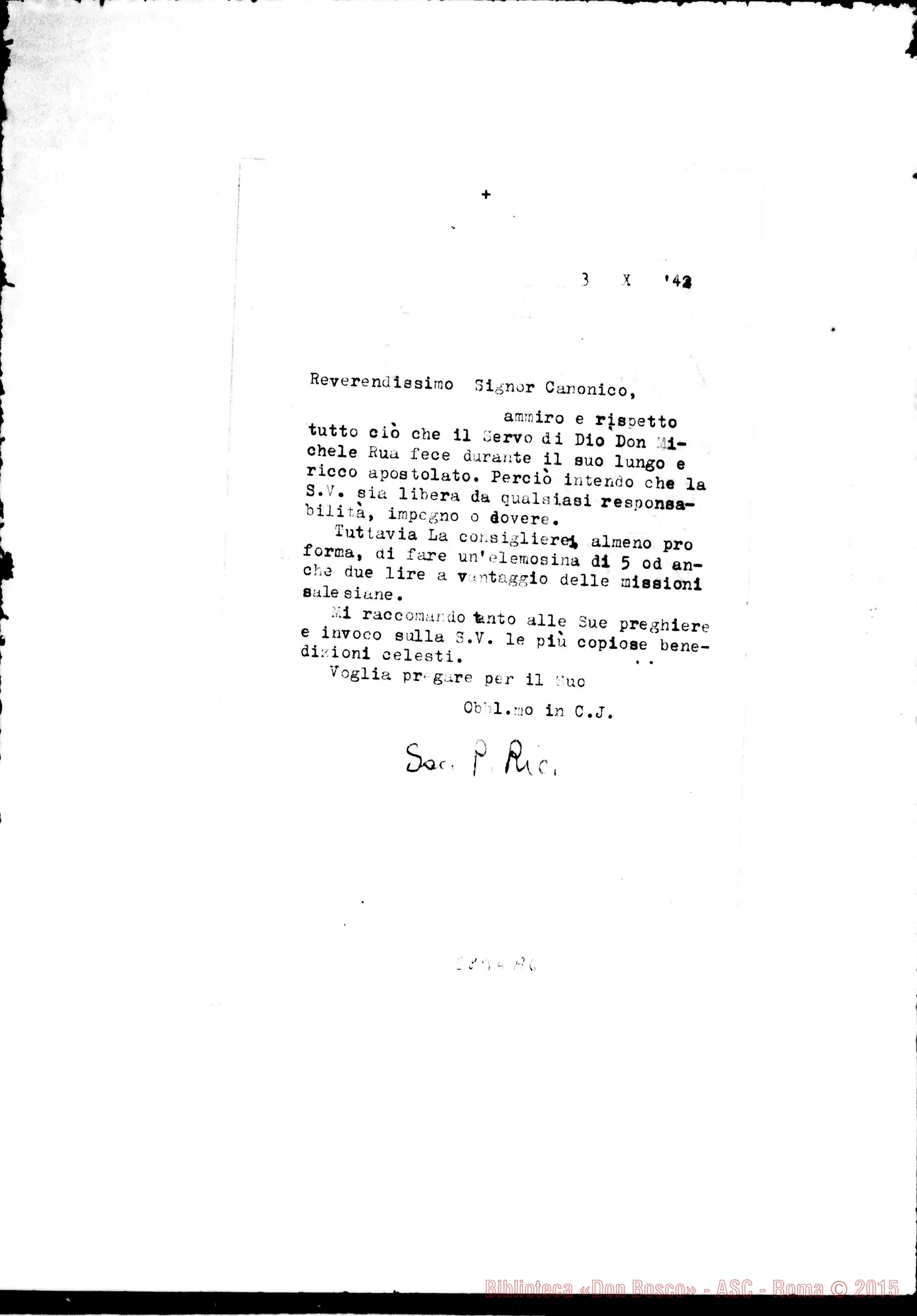 Fotogramma A 6 — Risposta di D. Ricaldone P. A Camisa Pompeo, sac.. Torino, 3-10-1942. Copia dt.