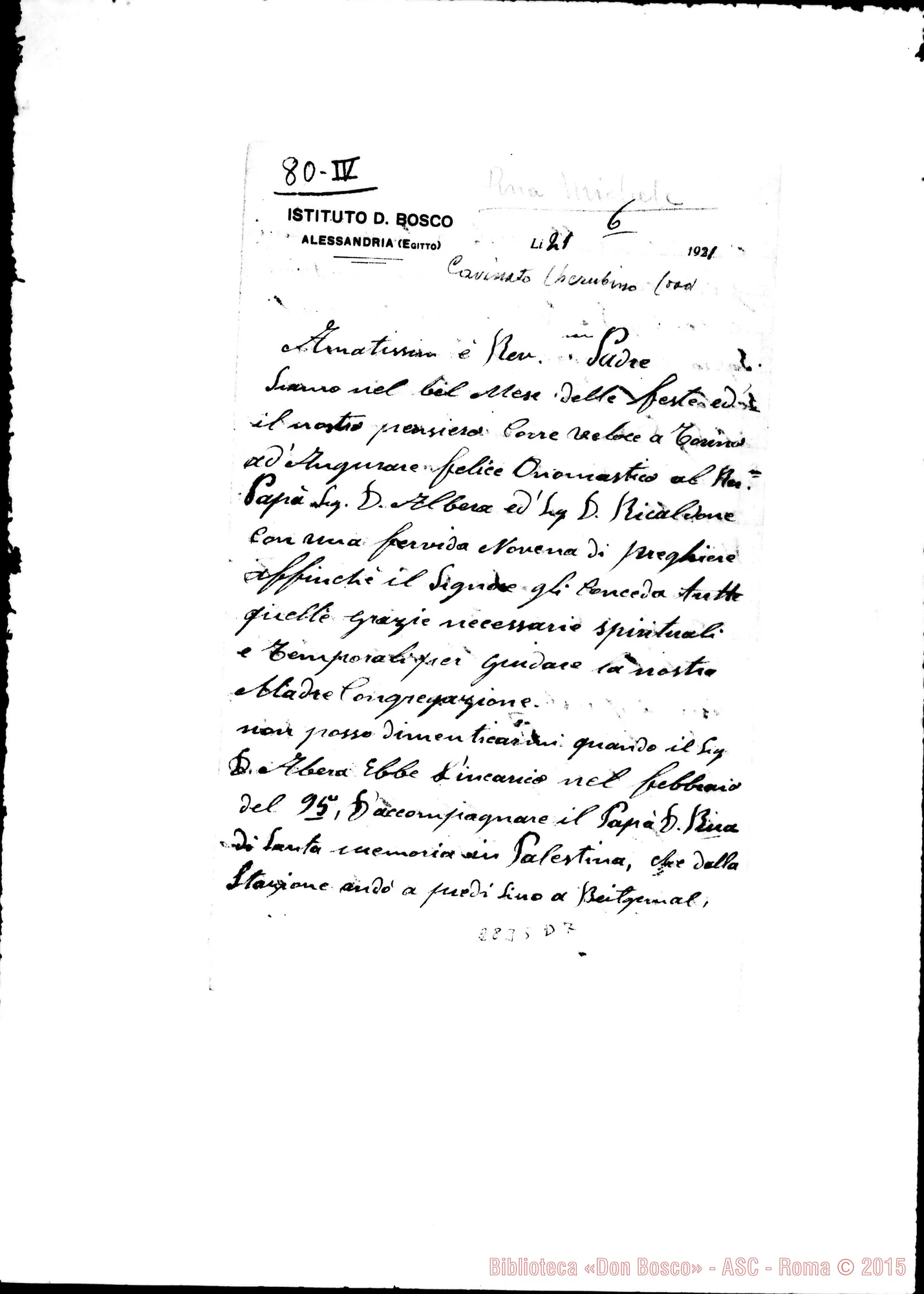 Fotogramma D 7 — Cherubino Cavinato, SDB: Lettera A Rev.mo Padre. Alessandria, 21-06-1921