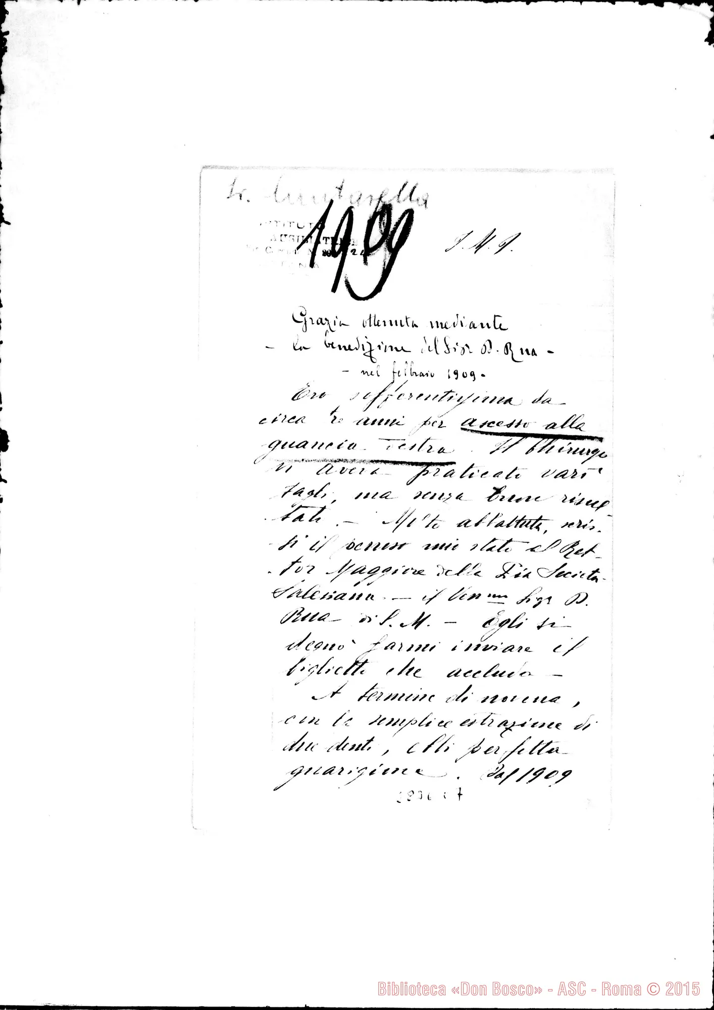Fotogramma C 7 — Cantarella Grazia, suora FMA: Grazia ottenuta mediante benedizione di D. Rua