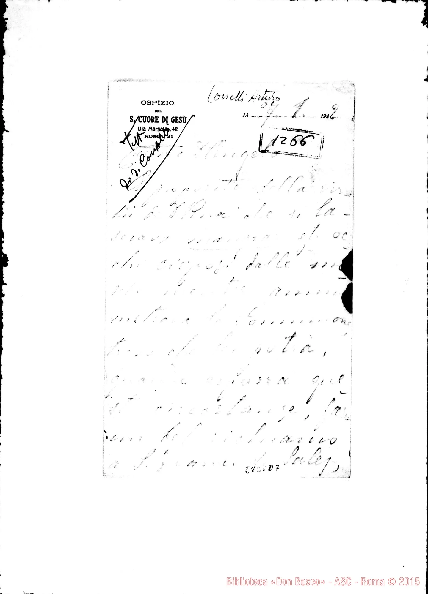 Fotogramma D 7 — Conelli Arturo, SDB: Lettera A D. Amadei. Roma, 27-01-1922