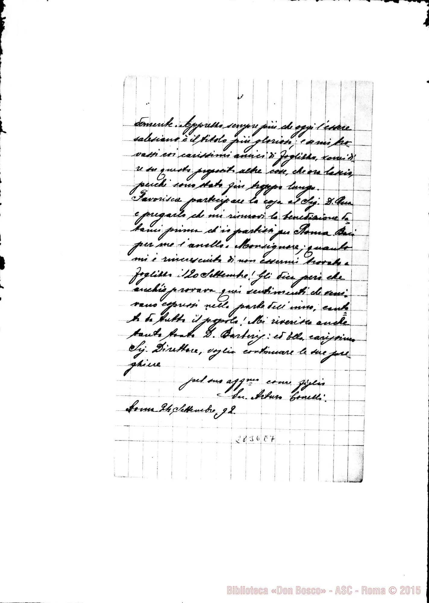 Fotogramma E 7 — Lettera A D. Bianchi, da D. Conelli. Roma, 24-09-1892