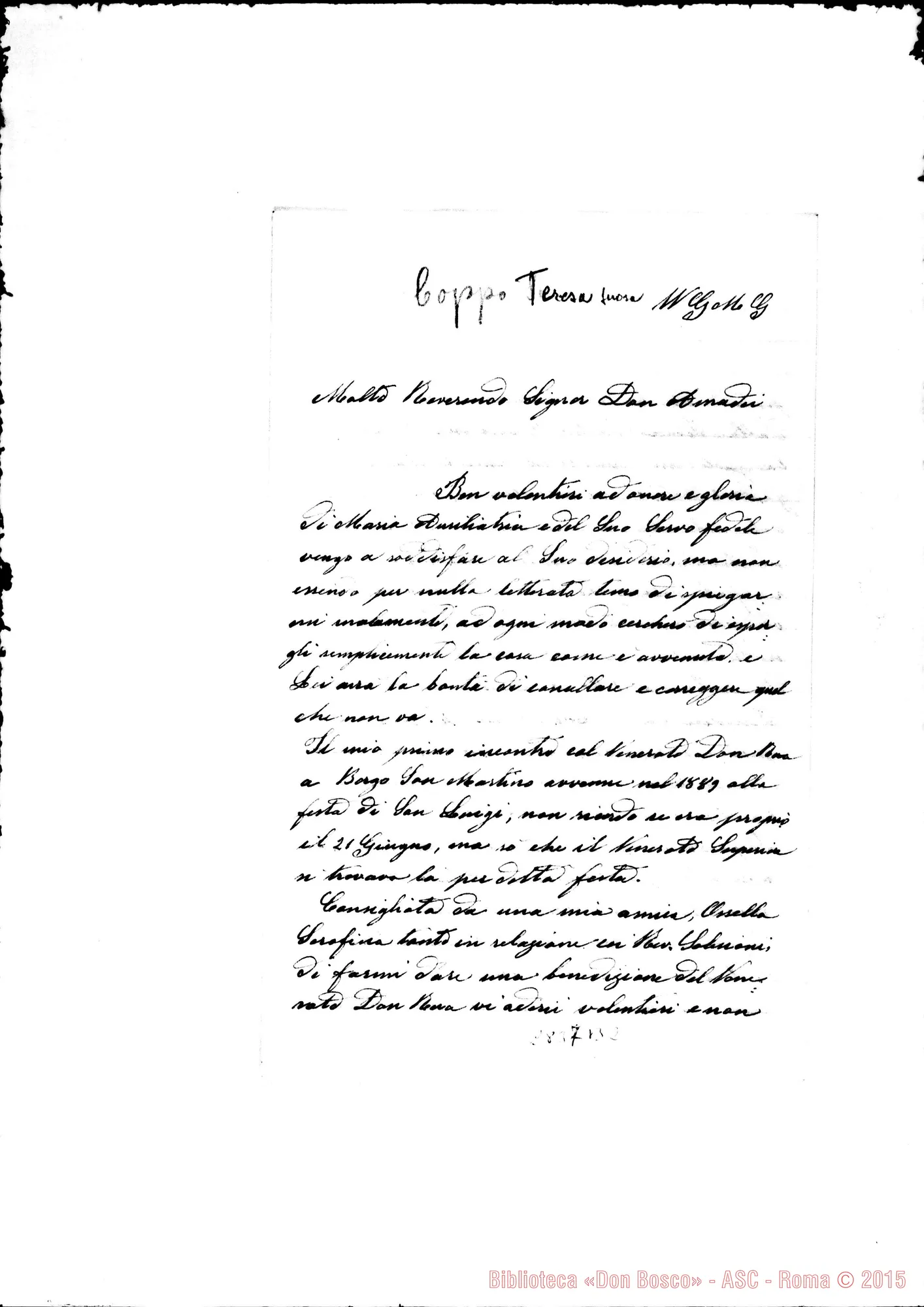 Fotogramma B 2 — Coppo Teresa, suora: Lettera A D. Amadei. Modena, 23-07-1933