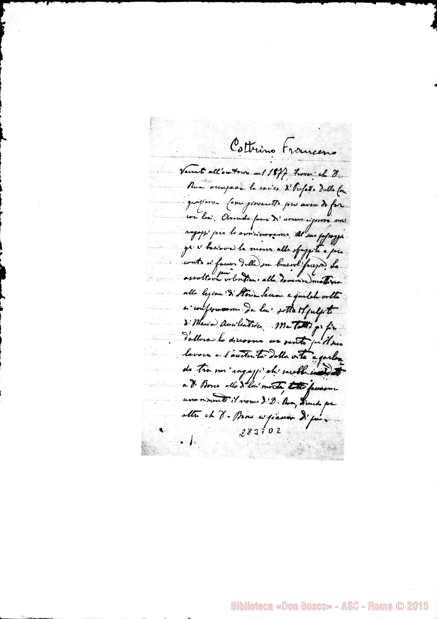 Fotogramma D 2 — Cottrino Francesco, SDB: Lettera A D. Amadei: Testimonianza