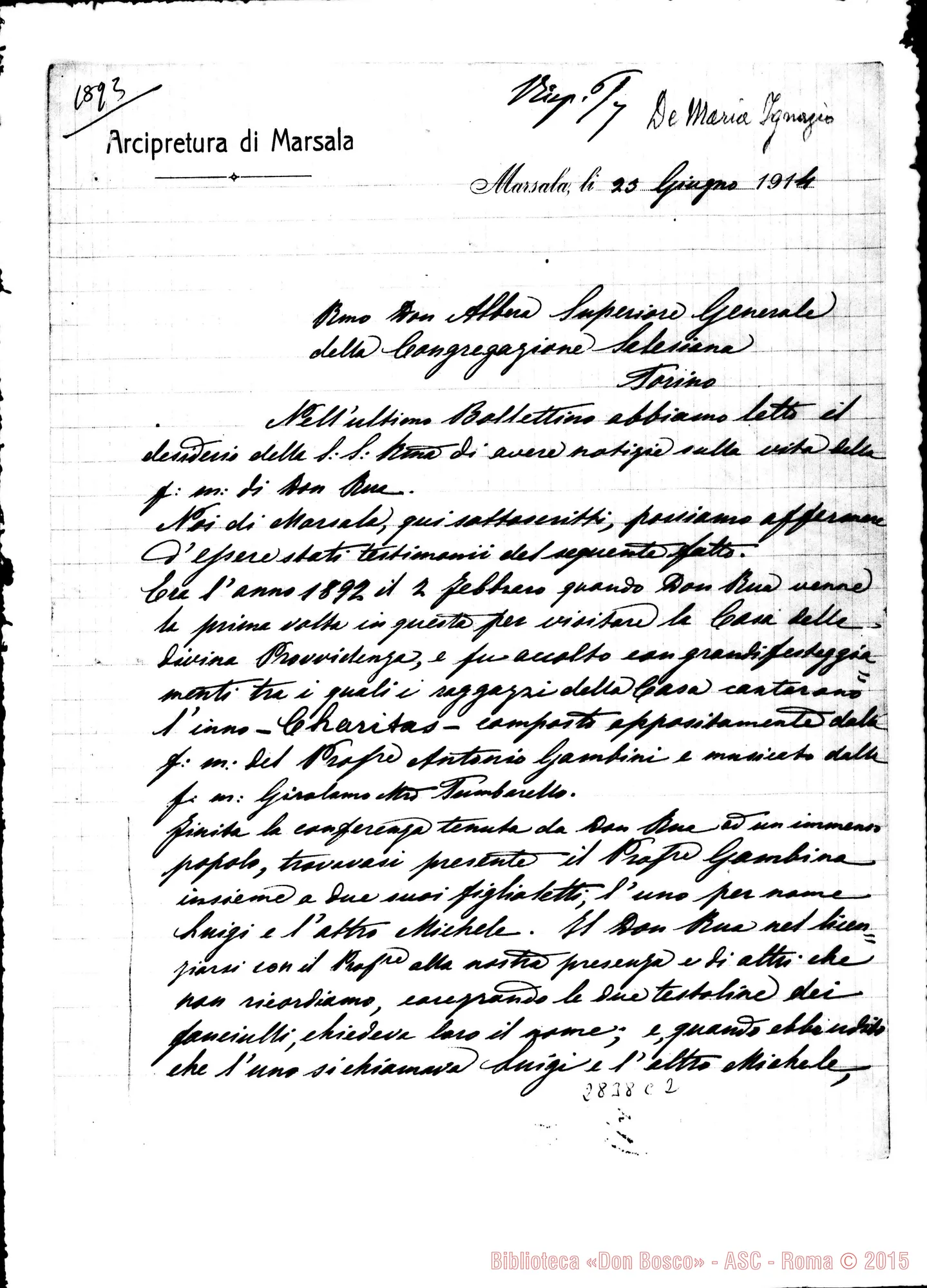 Fotogramma C 2 — De Maria Ignazio, can.: Lettera A D. Albera. Marsala, 23-06-1914