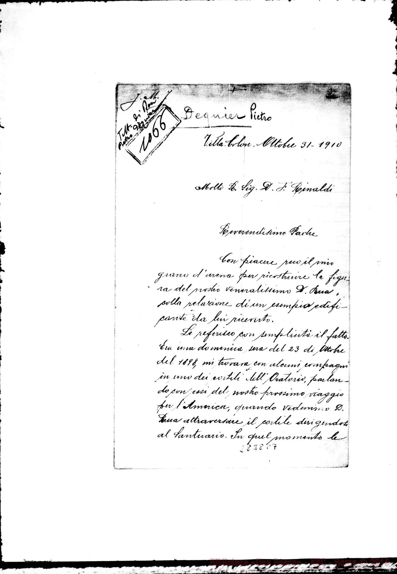 Fotogramma C 7 — Dequier Pietro, SDB: Lettera A D. Rinaldi. Villa Colon, 31-10-1910