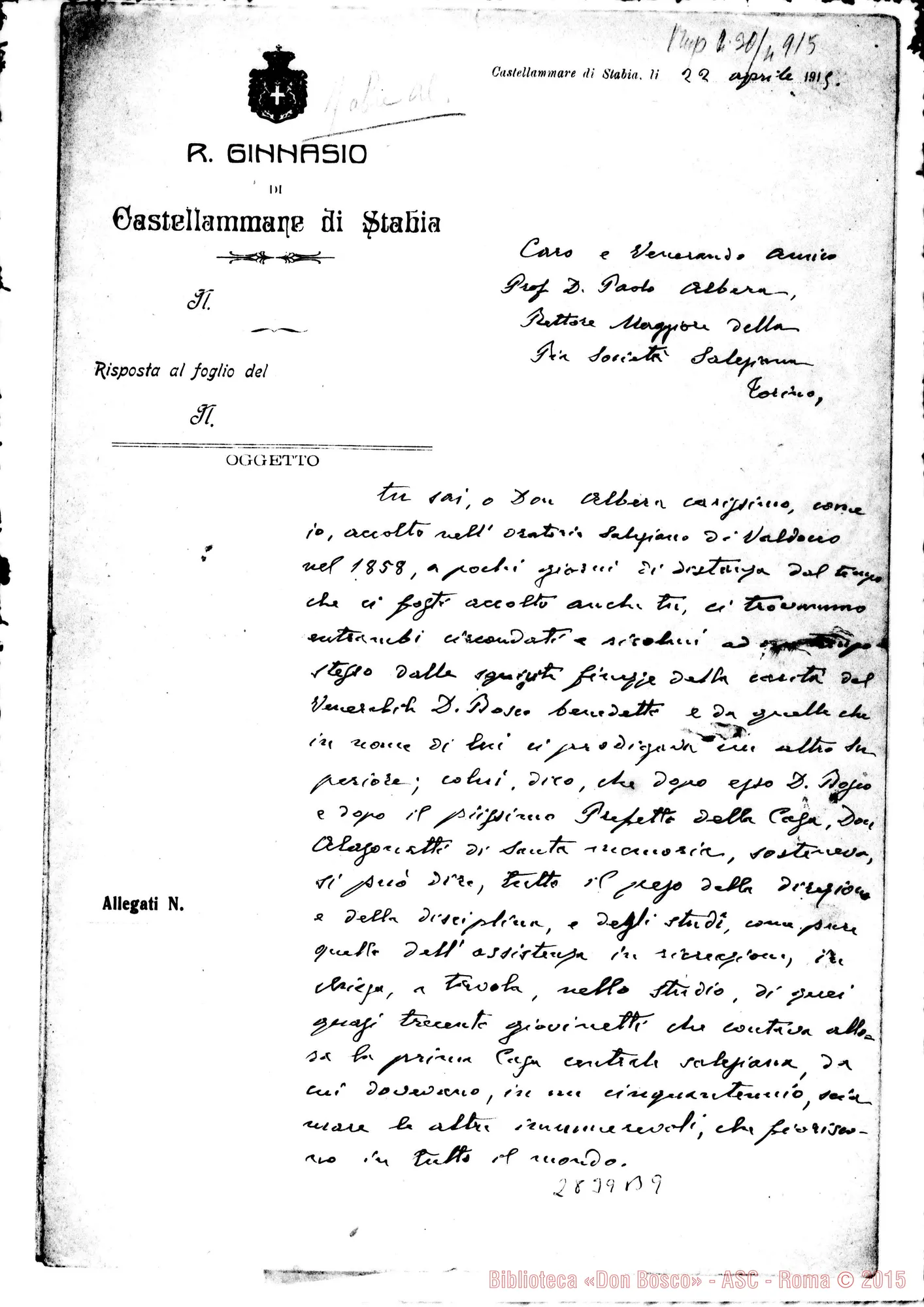 Fotogramma B 9 — Lettera A D. Albera. Castellammare di Stabia, 22-04-1915