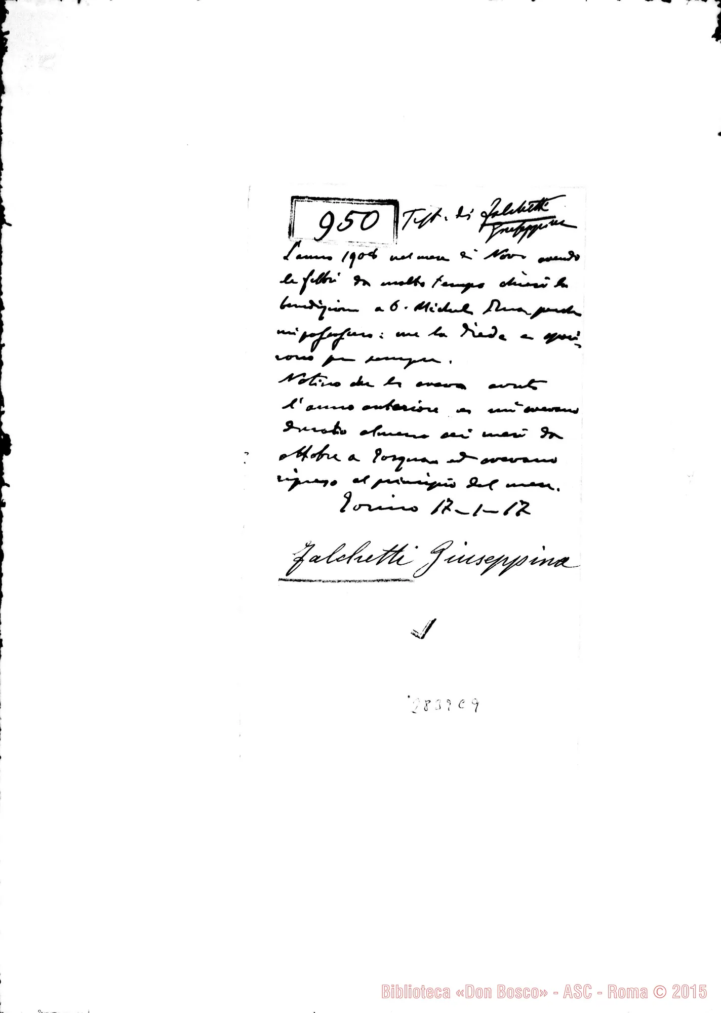 Fotogramma C 9 — Falchetti Giuseppina: Testimonianza della Falchetti. Autogr. di D. Rinaldi