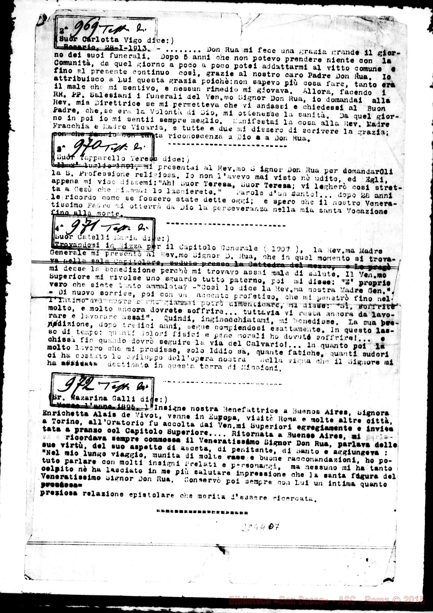 Fotogramma D 7 — FMA: Raccolta fatta da D. Amadei. Sunto di oltre 700 testimonianze di Suore. Copia dt.