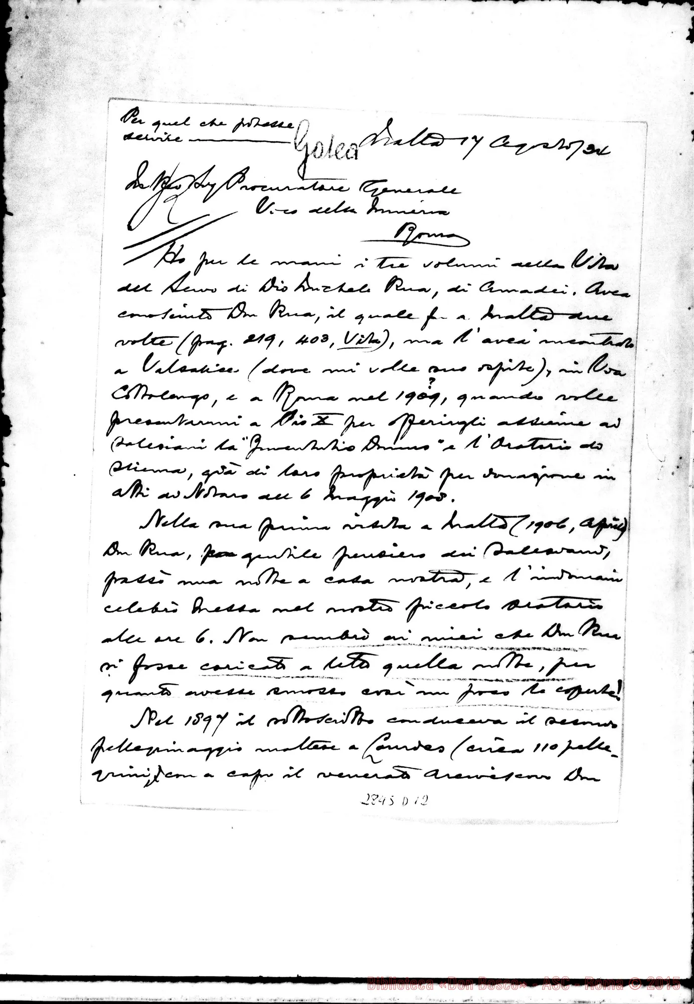 Fotogramma D 12 — Lettera al Procuratore Generale. Malta, 17-08-1934