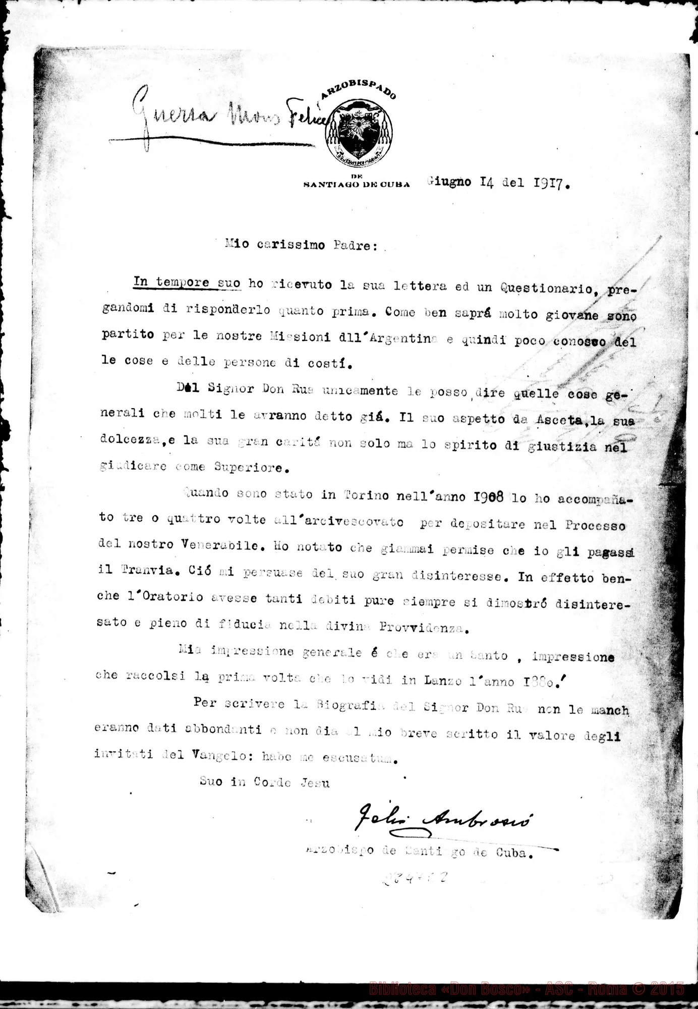Fotogramma E 2 — Guerra Felice, arciv. di Cuba: lettera A mio carissimo Padre. 14-06-1917