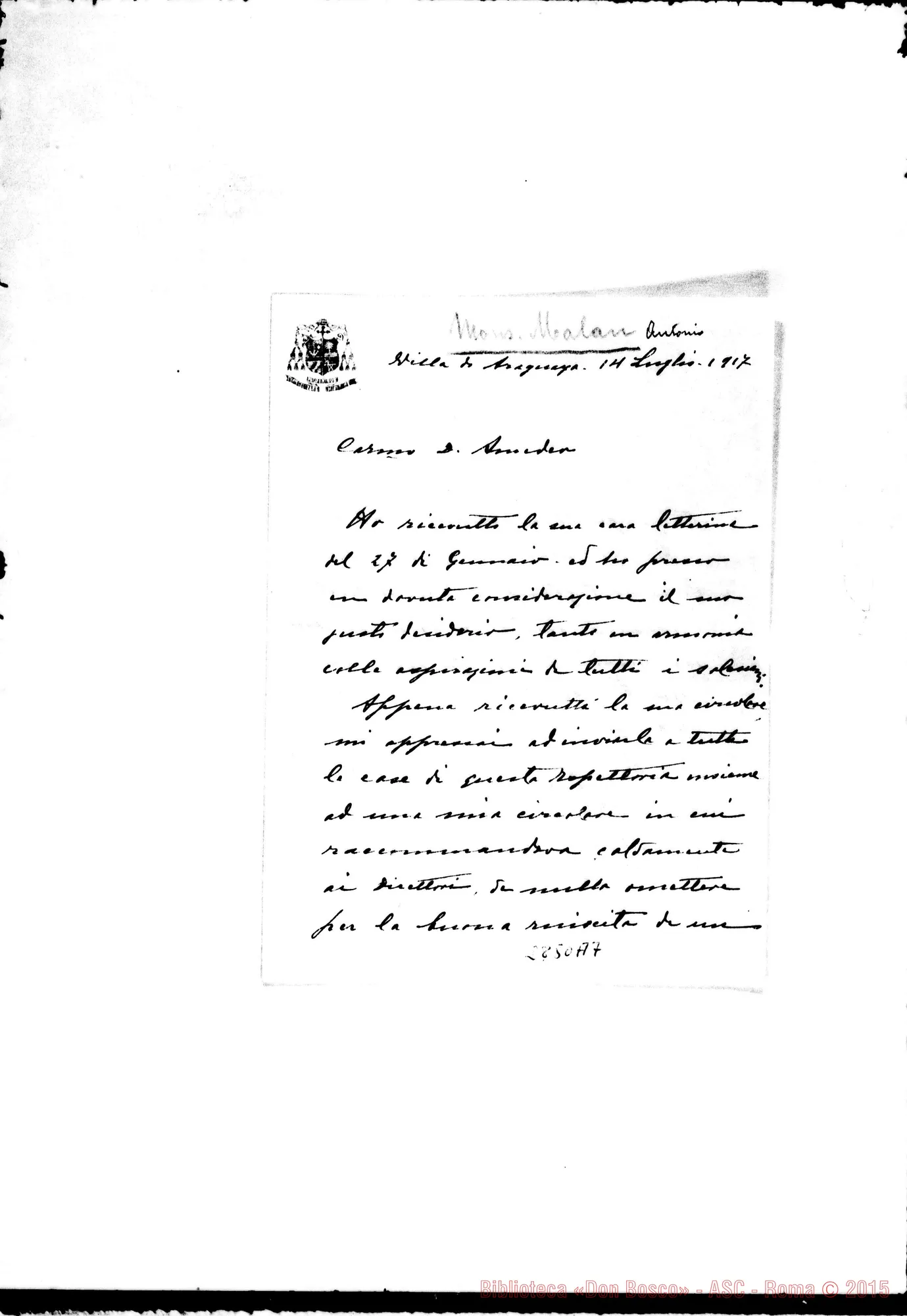 Fotogramma A 7 — Lettera A Don Amadei. 14-07-1917