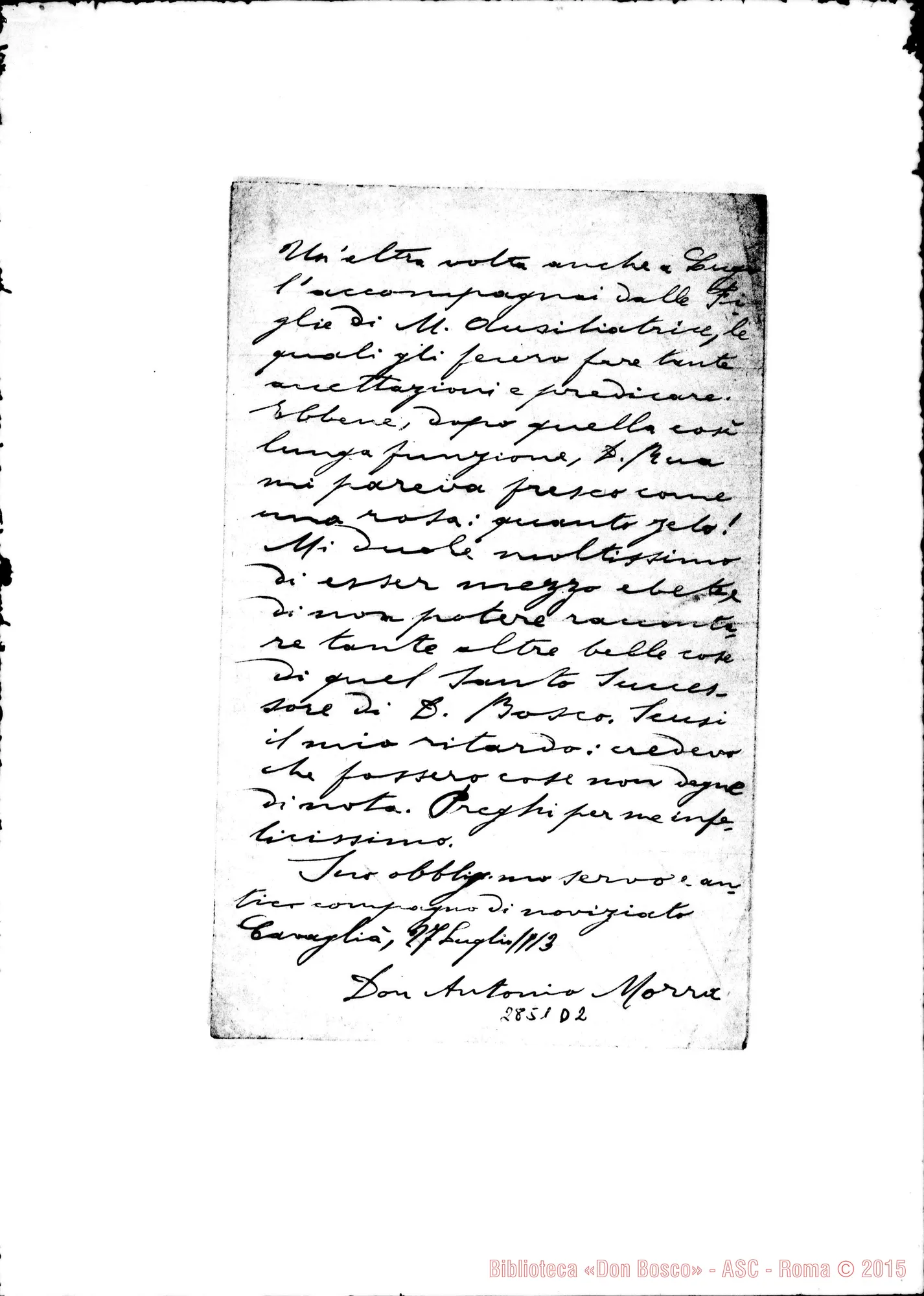 Fotogramma D 2 — Morra Antonio, SDB: Lettera A D. Rinaldi. Cavaglià, 27-07-1913