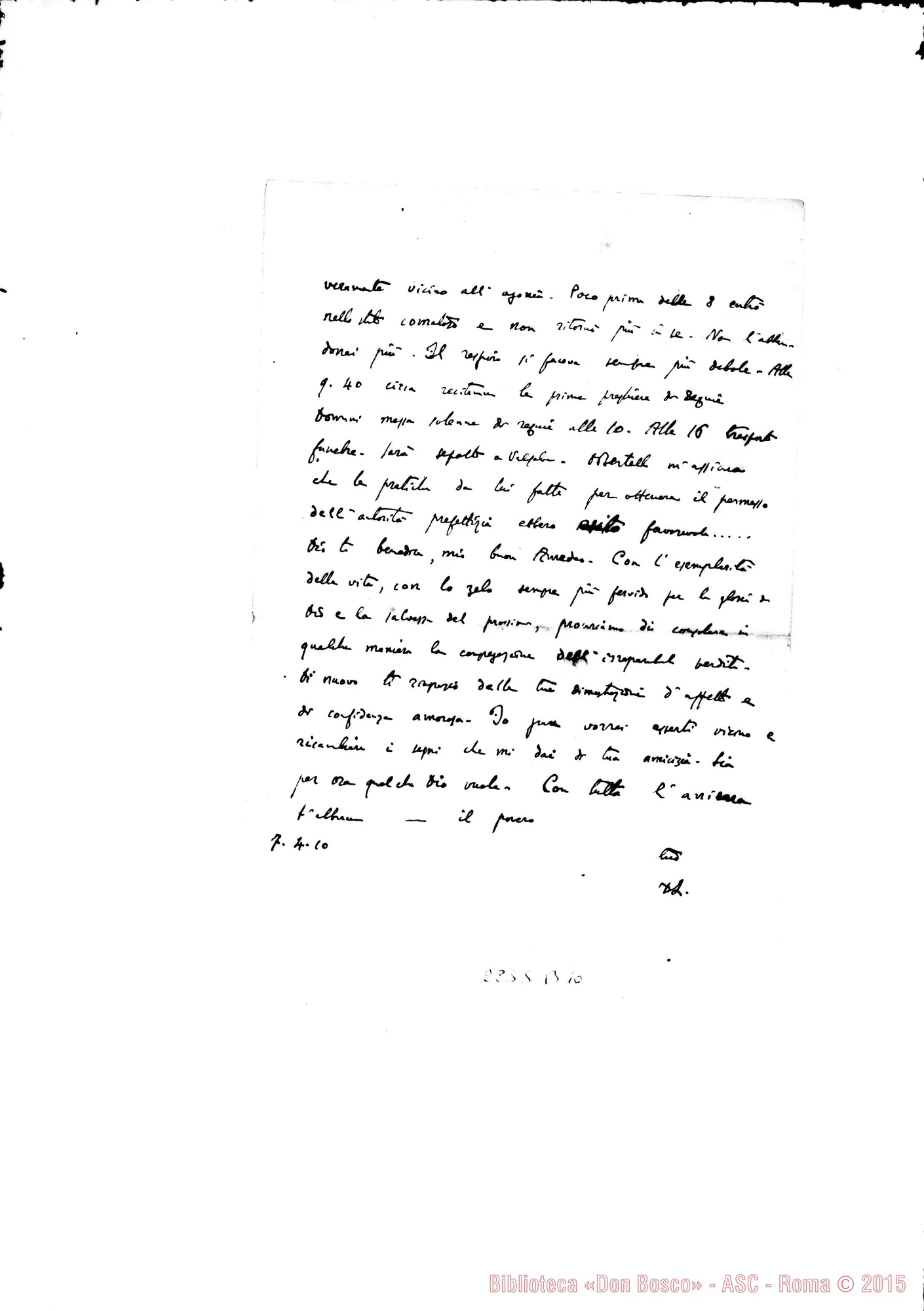 Fotogramma B 10 — Piscetta Luigi, SDB: Quattro lettere A D. Amadei con testimonianze su D. Rua