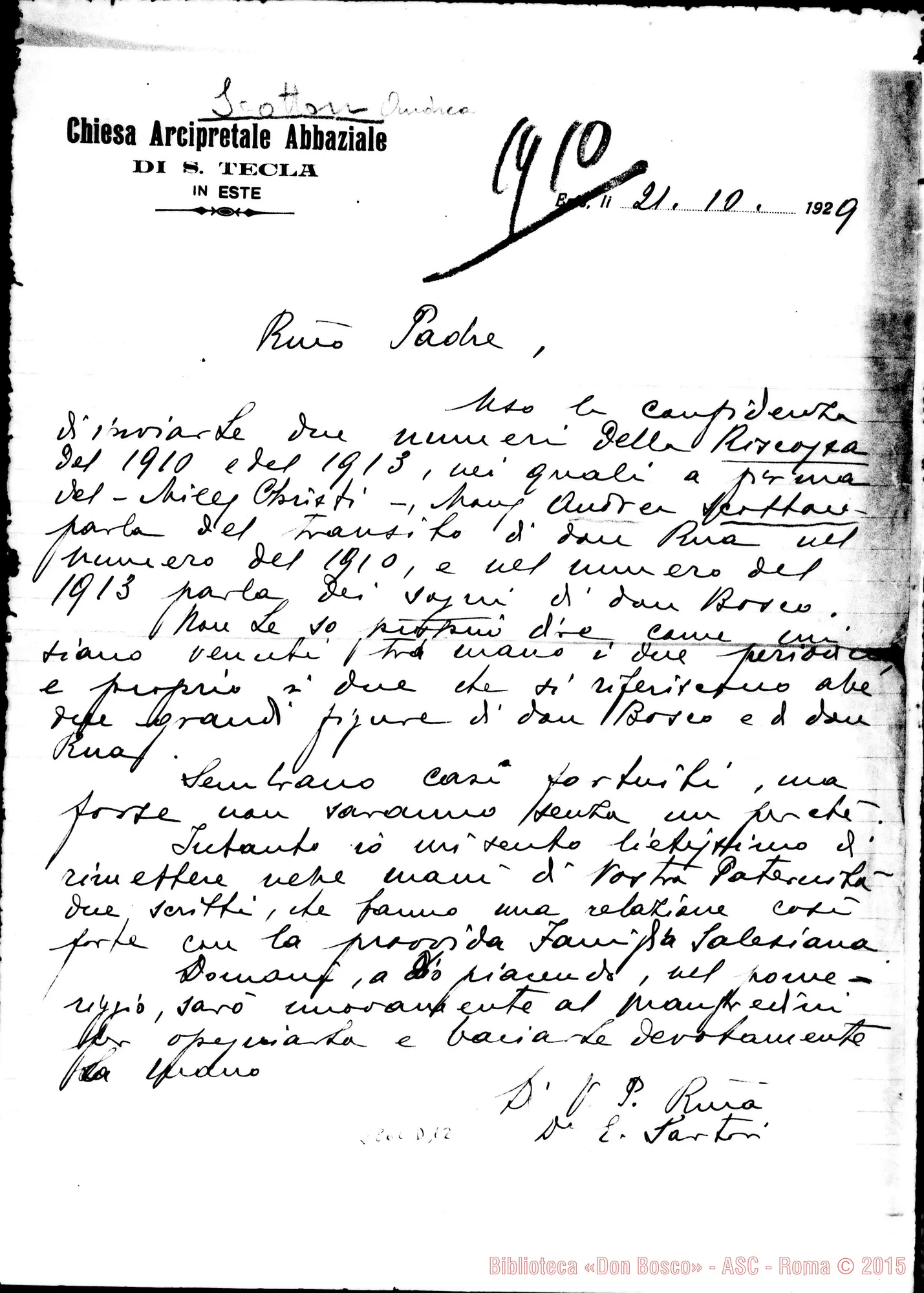 Fotogramma D 12 — Scotton Andrea, sac.: Lettera A Rev.do Padre. Este, 21-10-1929