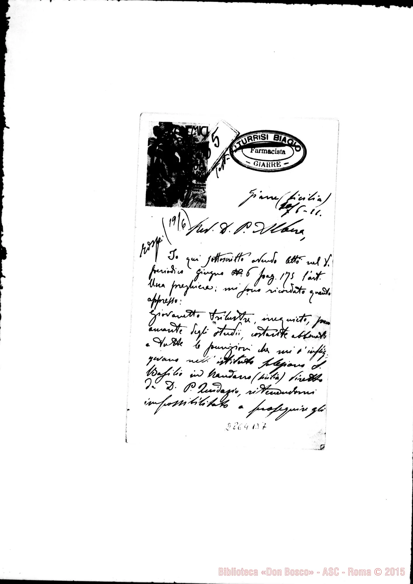 Fotogramma B 7 — Turrisi Biagio: Lettera A D. Albera. Giarre, 10-06-1911