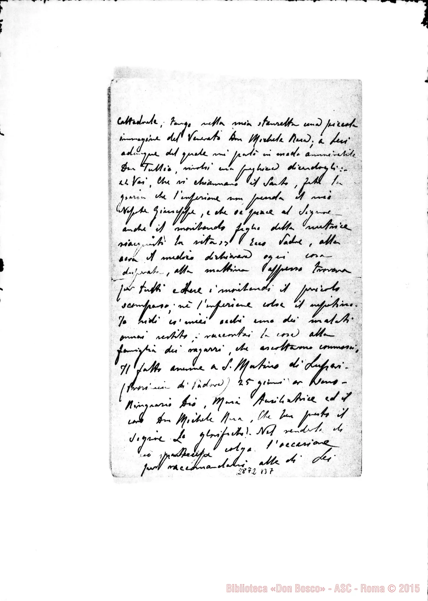 Fotogramma B 7 — Andrea Don Alessio: Nipotino con morbo guarito da D. Rua. Padova. Autografo di D. Rinaldi