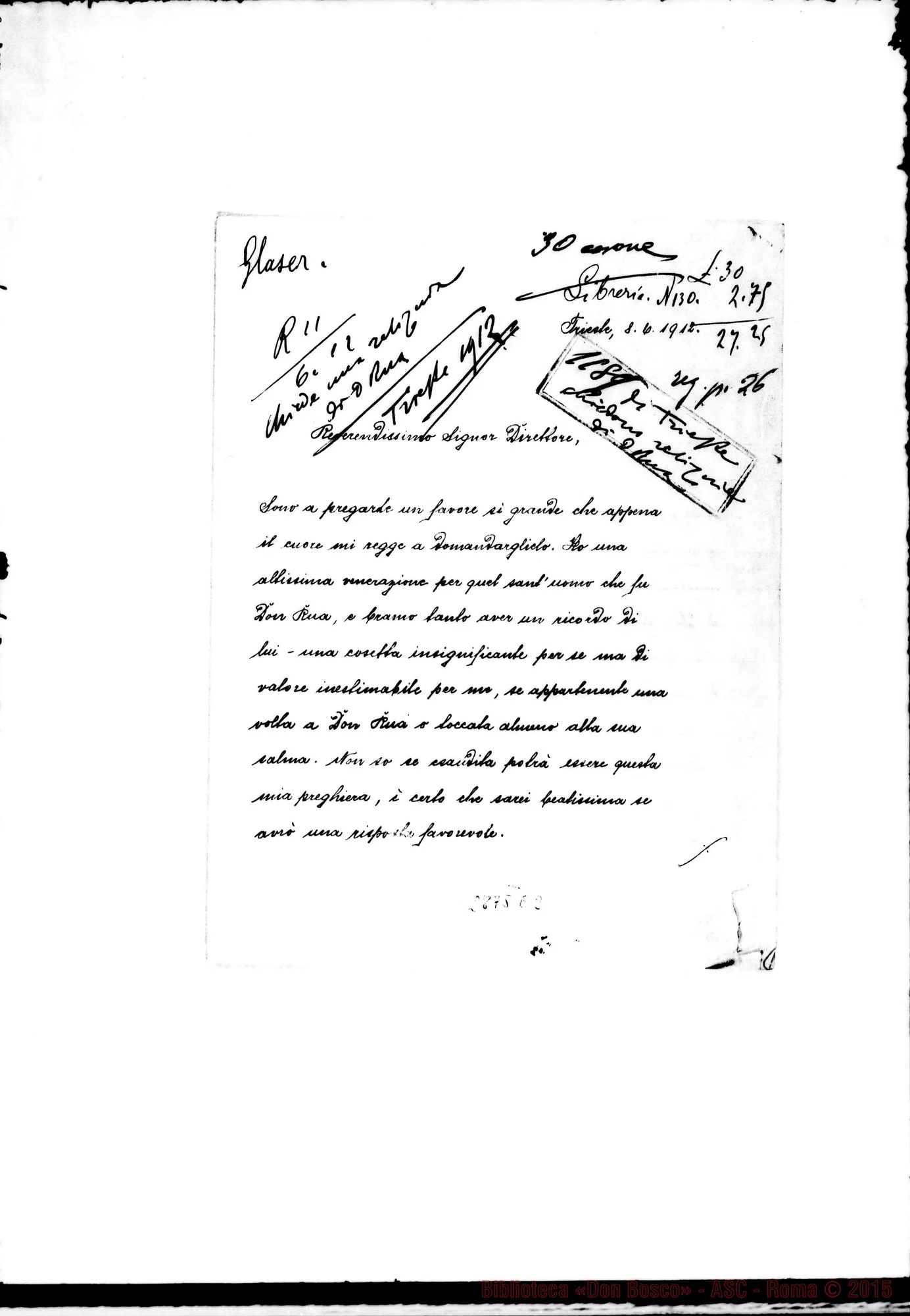Fotogramma E 2 — Glaser Luisa: chiedono reliquie di D. Rua. Trieste