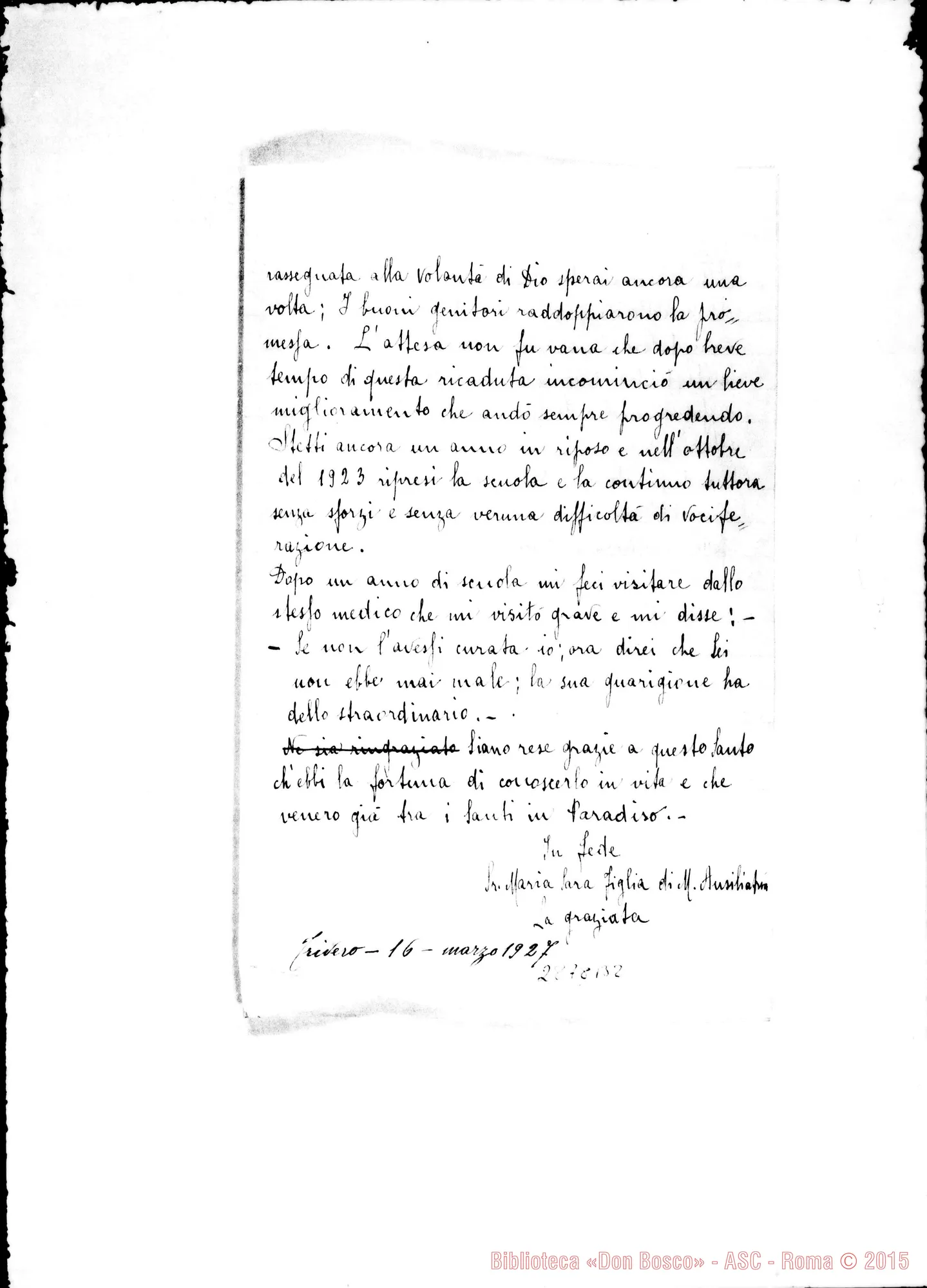 Fotogramma B 2 — Sara Maria, FMA: Lettera A D. Amadei E relazione della grazia. Trivero