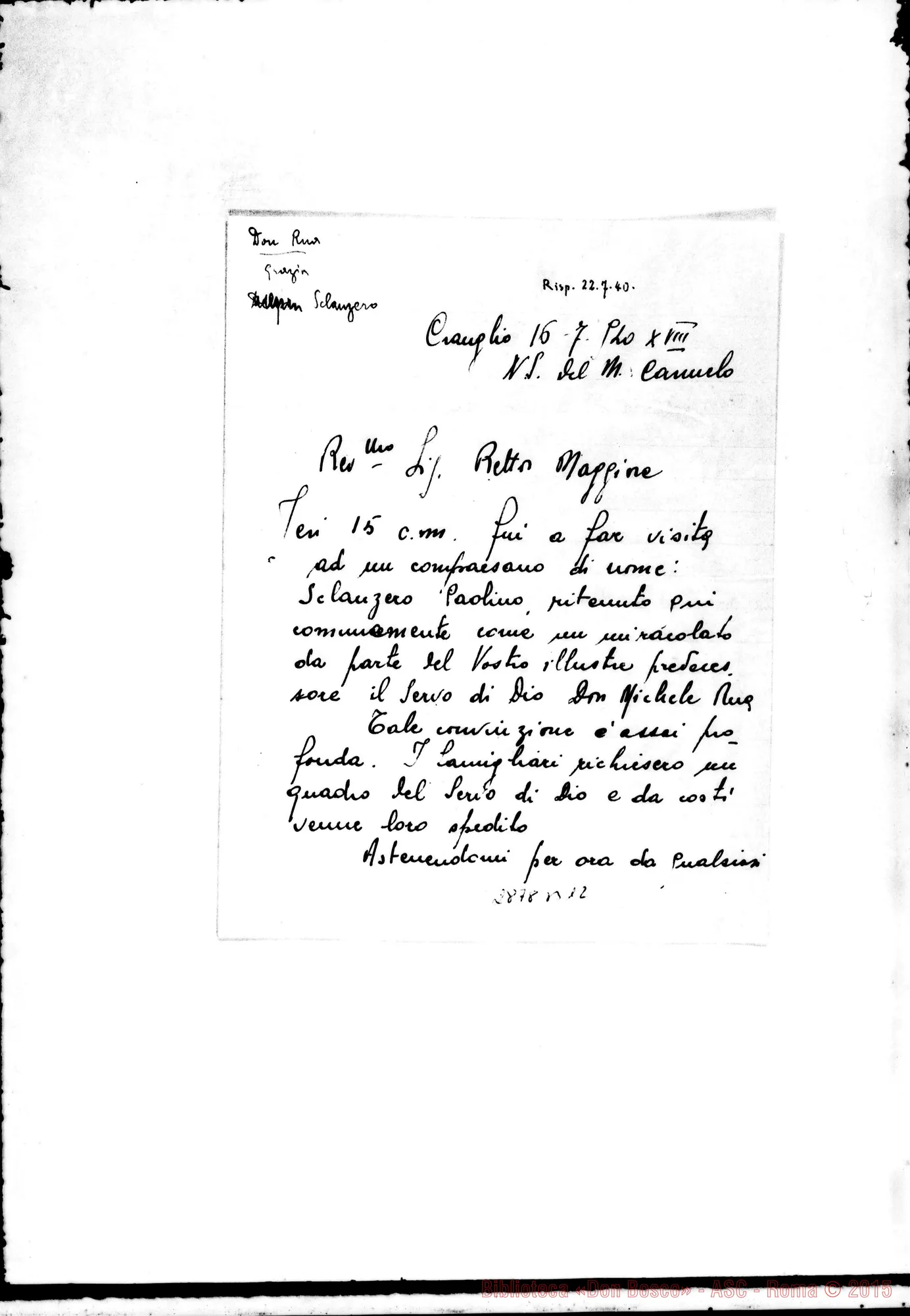 Fotogramma B 12 — Sclanzero Paolino: Ulcera in stato grave: Lettera del ch. Delpin al Rettor Maggiore Quadro A D. Bosco
