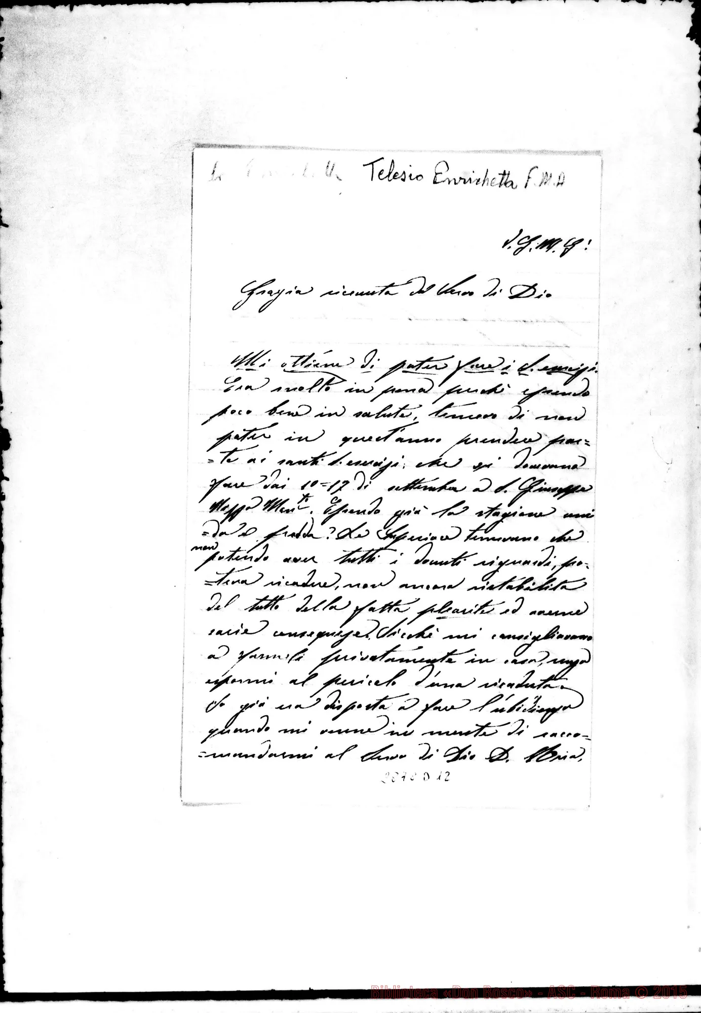 Fotogramma D 12 — Telesio Enrichetta, FMA: Ristabilita invocando D. Rua. Acqui
