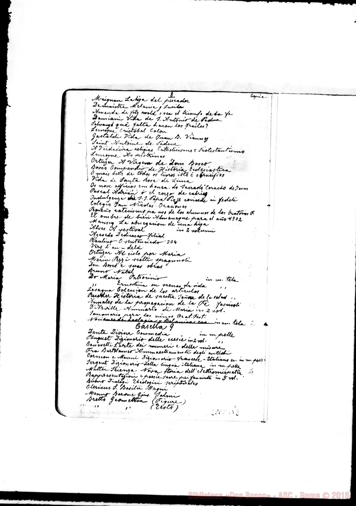 Fotogramma B 2 — Carte appartenenti A Don Michele Rua: Biblioteca del Sig. D. Rua
