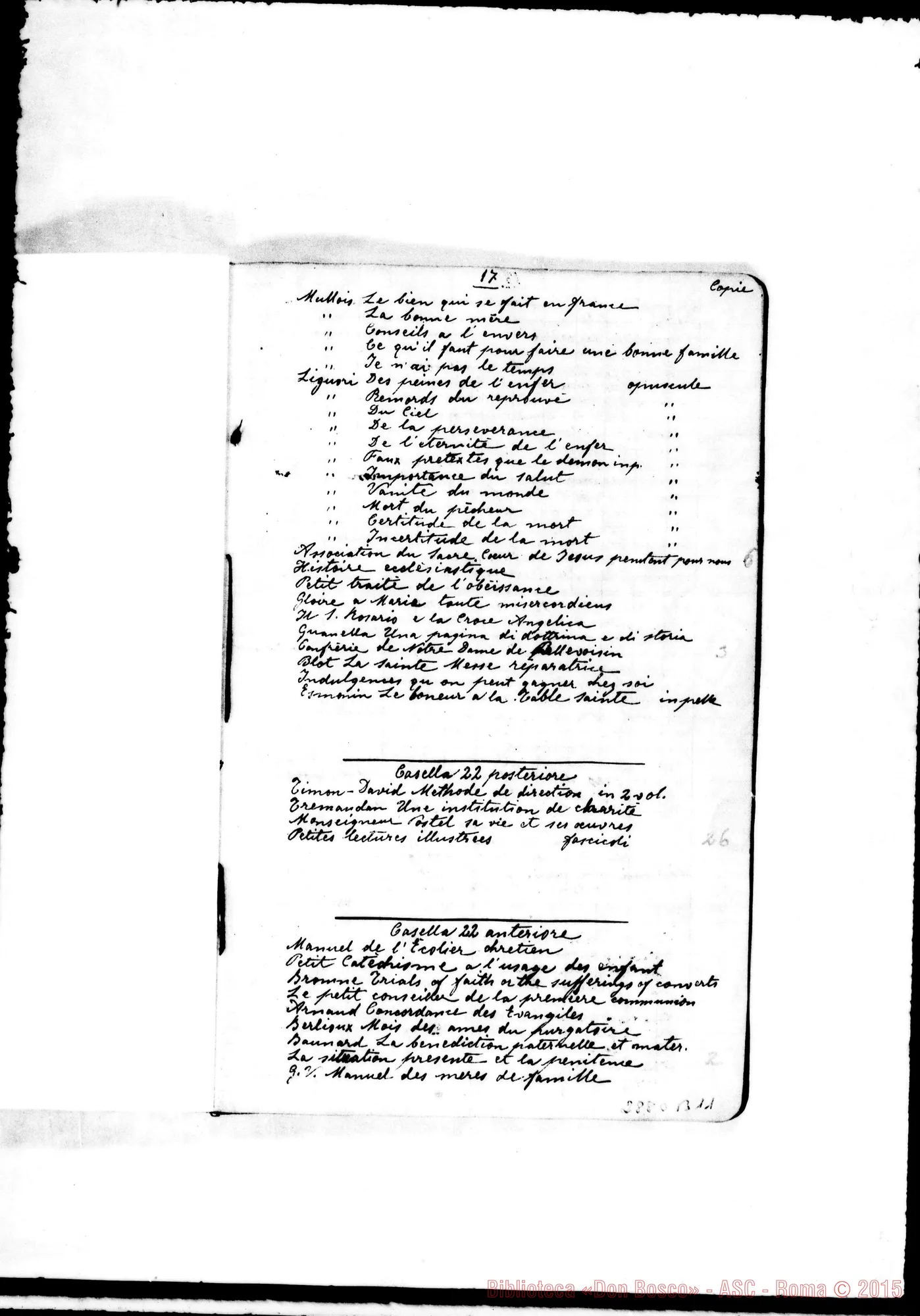 Fotogramma B 11 — Carte appartenenti A Don Michele Rua: Biblioteca del Sig. D. Rua