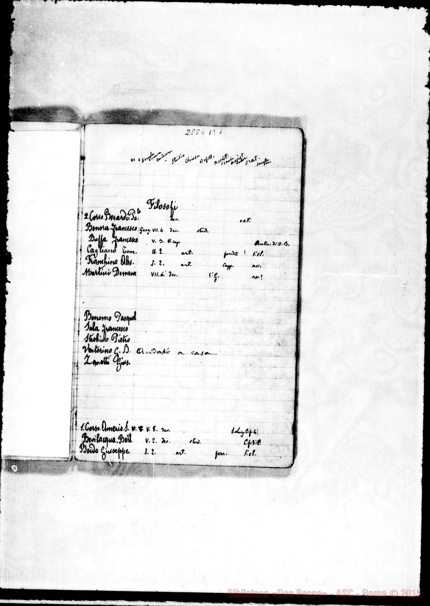 Fotogramma B 7 — di Salesiani, insegnanti, filosofi, teologi, alunni nelle diverse classi, negli anni 1872-73 E 1873-74, con note ms. di D. Rua