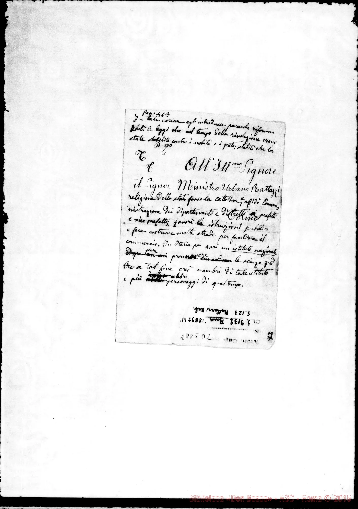 Fotogramma D 2 — Allievo nipote del Ministro Rattazzi: Lettera con note autogr. di D. Rua