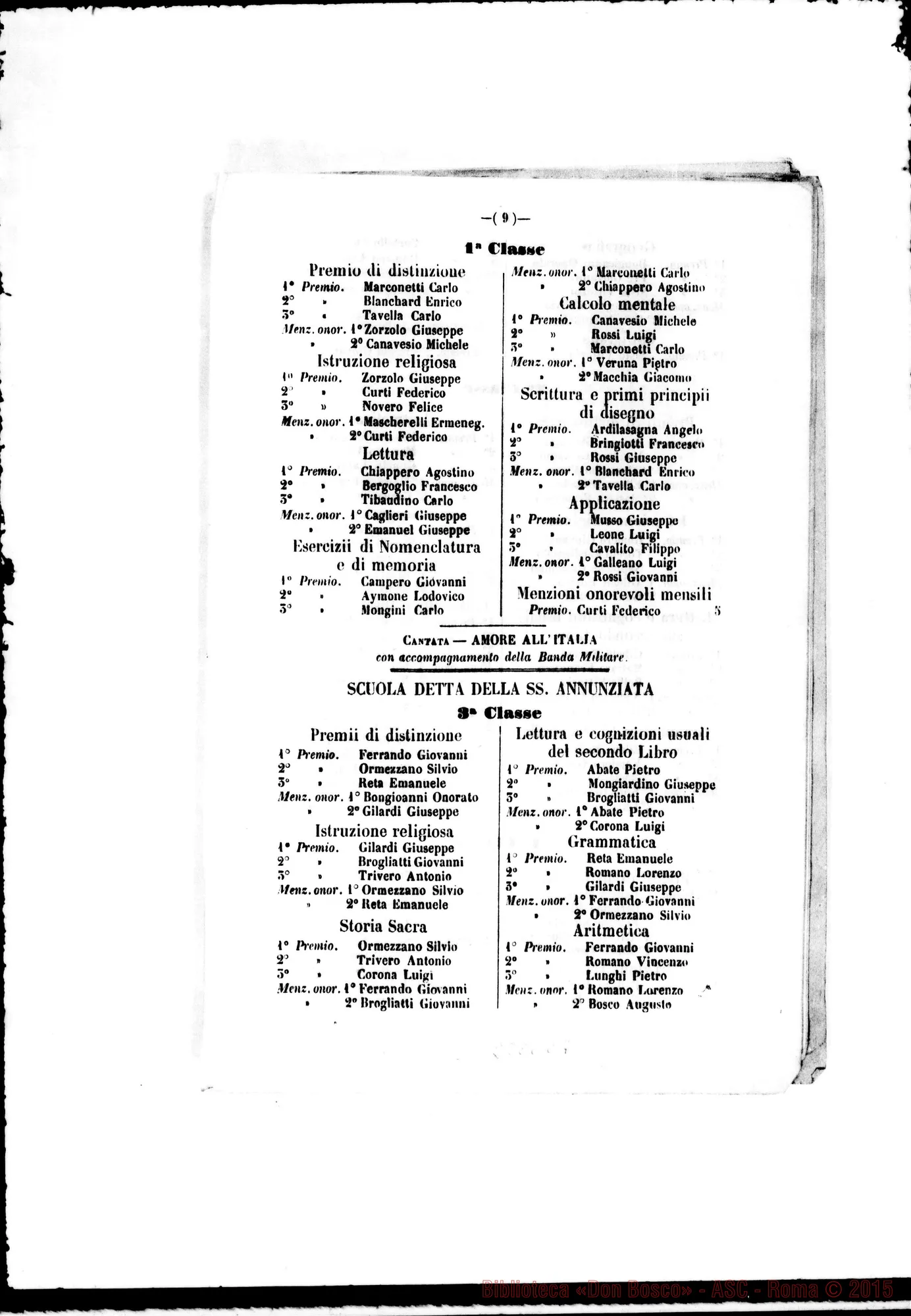 Fotogramma C 7 — Voti E premi agli alunni delle Scuole di Torino. Stampato. Michele Rua risulta premiato parecchie volte. Stampato, 20-08-1851