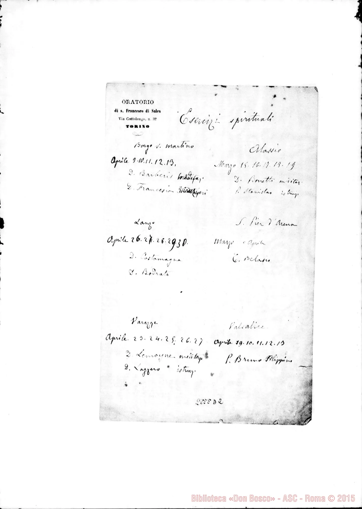Fotogramma D 2 — Esercizi Spirituali: Liste di Esercitandi E luoghi di ritiro. Varie annate