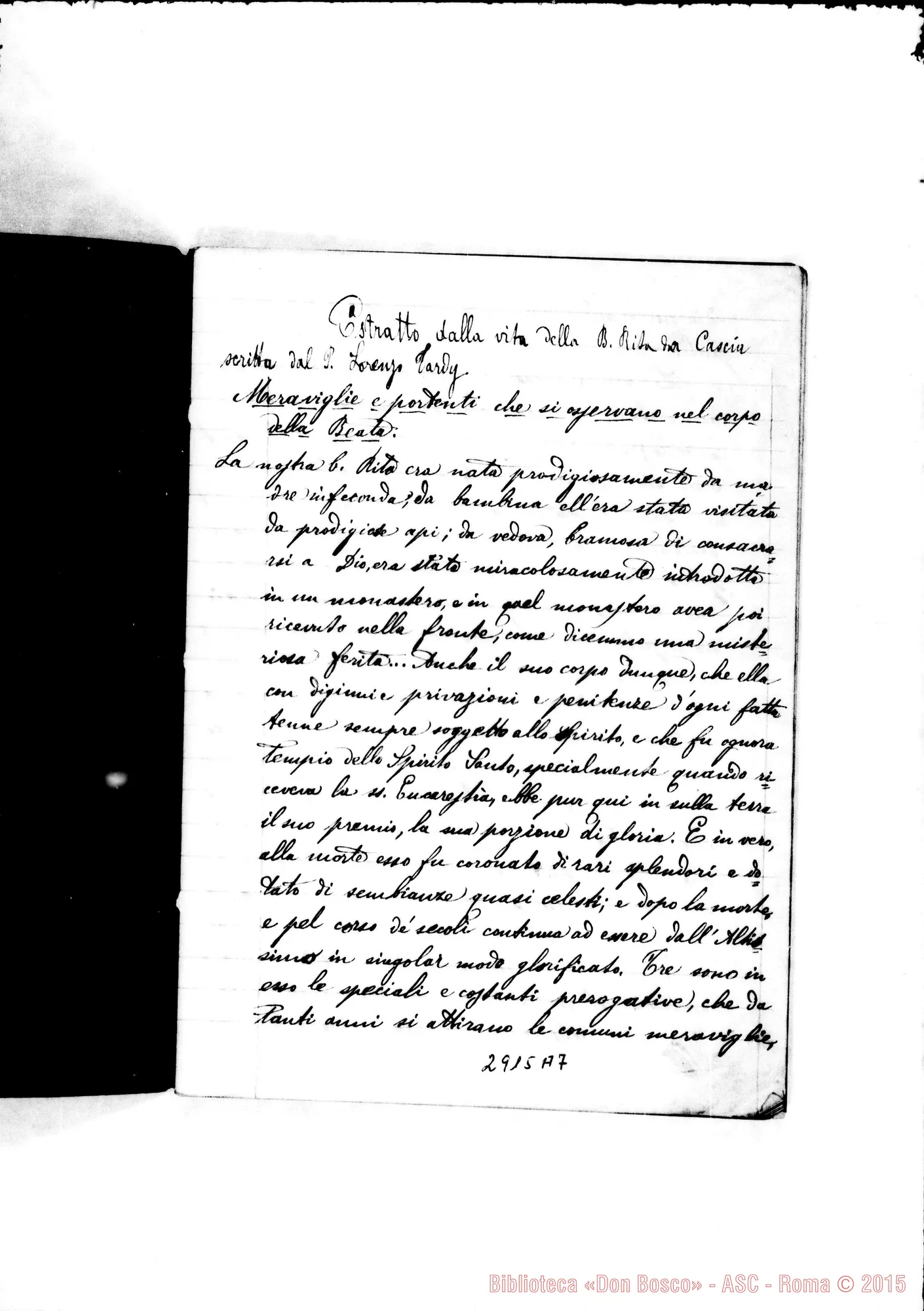 Fotogramma A 7 — Prediche: Quaderno: Estratto dalla vita della B. Rita di Cascia, scritta dal P. Lorenzo Tardy. Ms. allografo