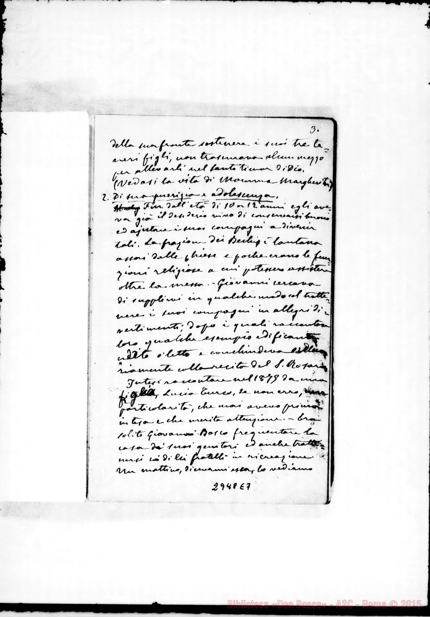 Fotogramma E 7 — Deposizione per la Causa di D. Bosco: Modulo ufficiale stampato con appunti autogr di D. Rua