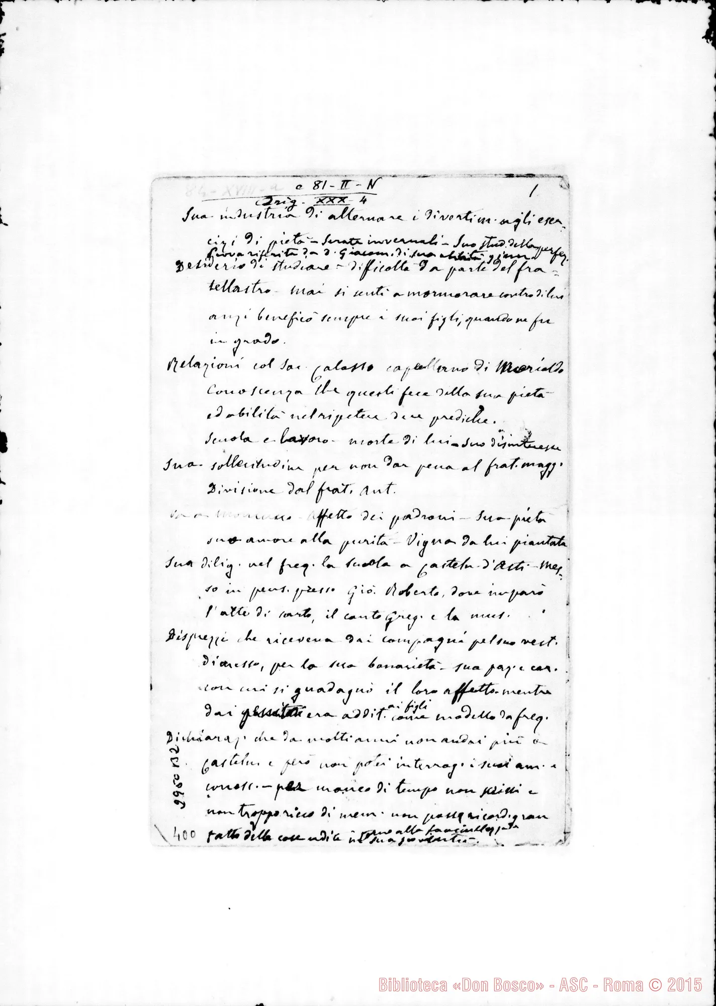 Fotogramma B 2 — Minute per la Causa di D. Bosco. Appunti autogr.