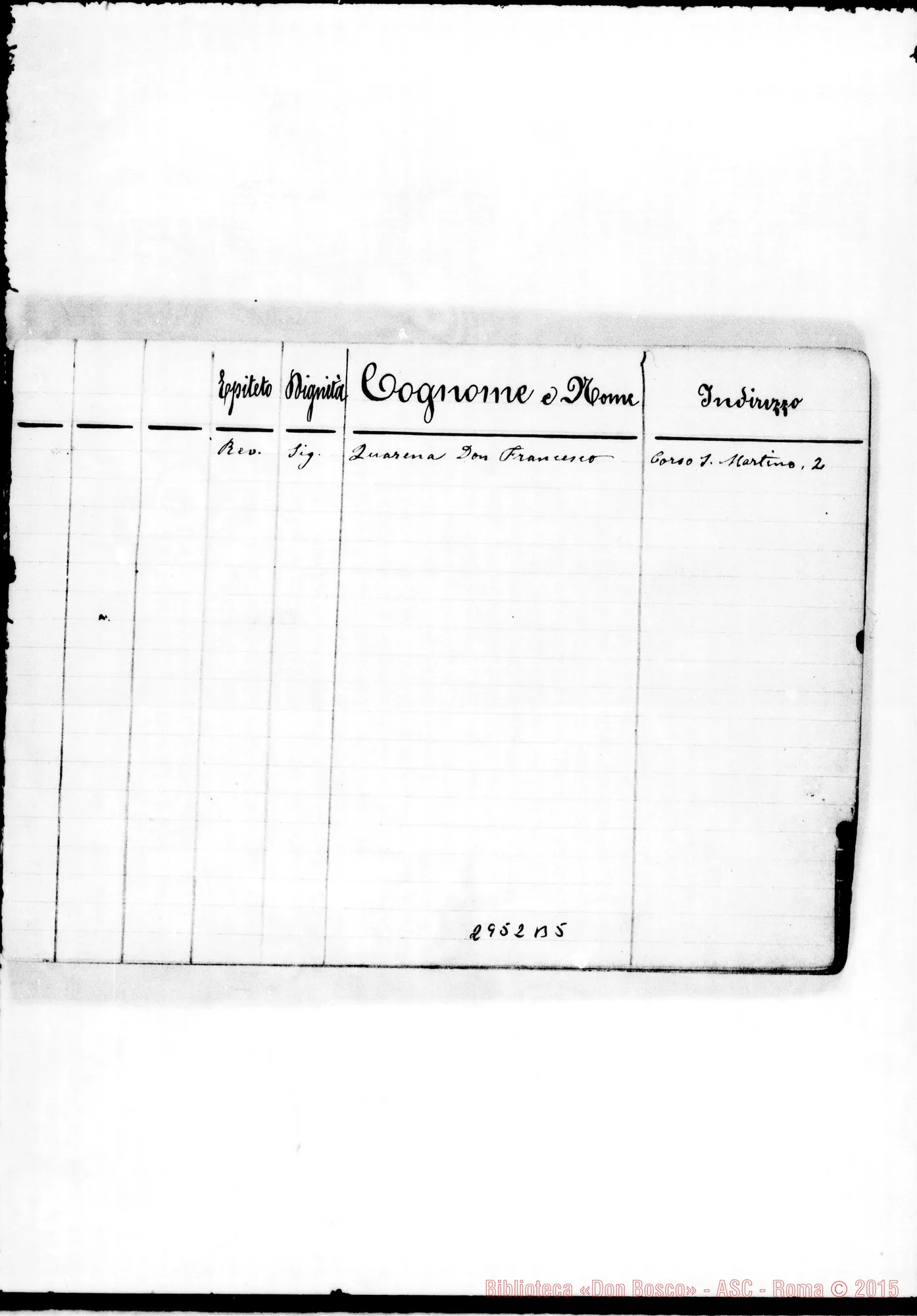 Fotogramma B 5 — Benefattori: Quaderno con indirizzi di cooperatori. Non tutto ms. di D. Rua