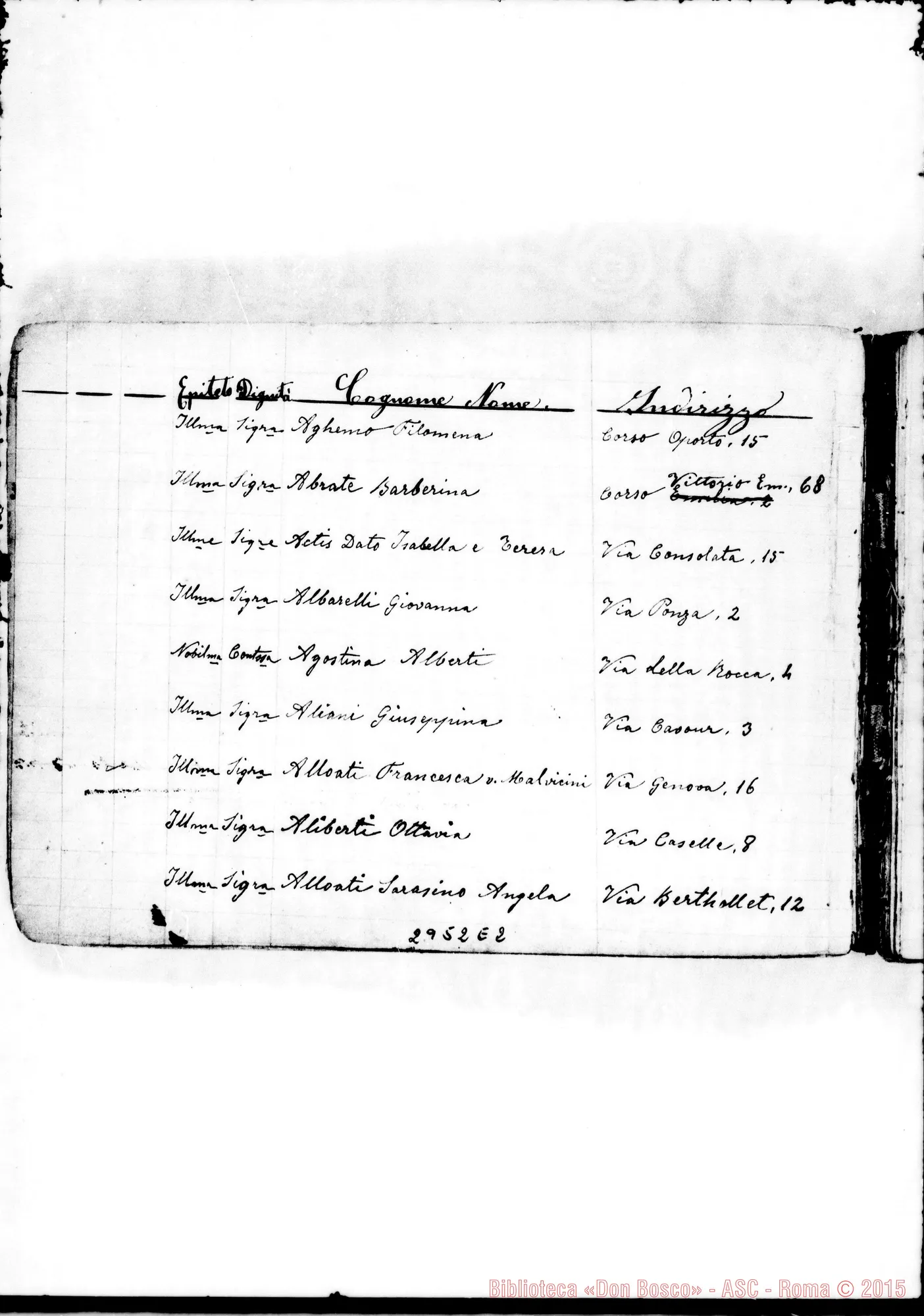 Fotogramma E 2 — Benefattrici:Quaderno con indirizzi di cooperatrici. Non tutto ms. di D. Rua
